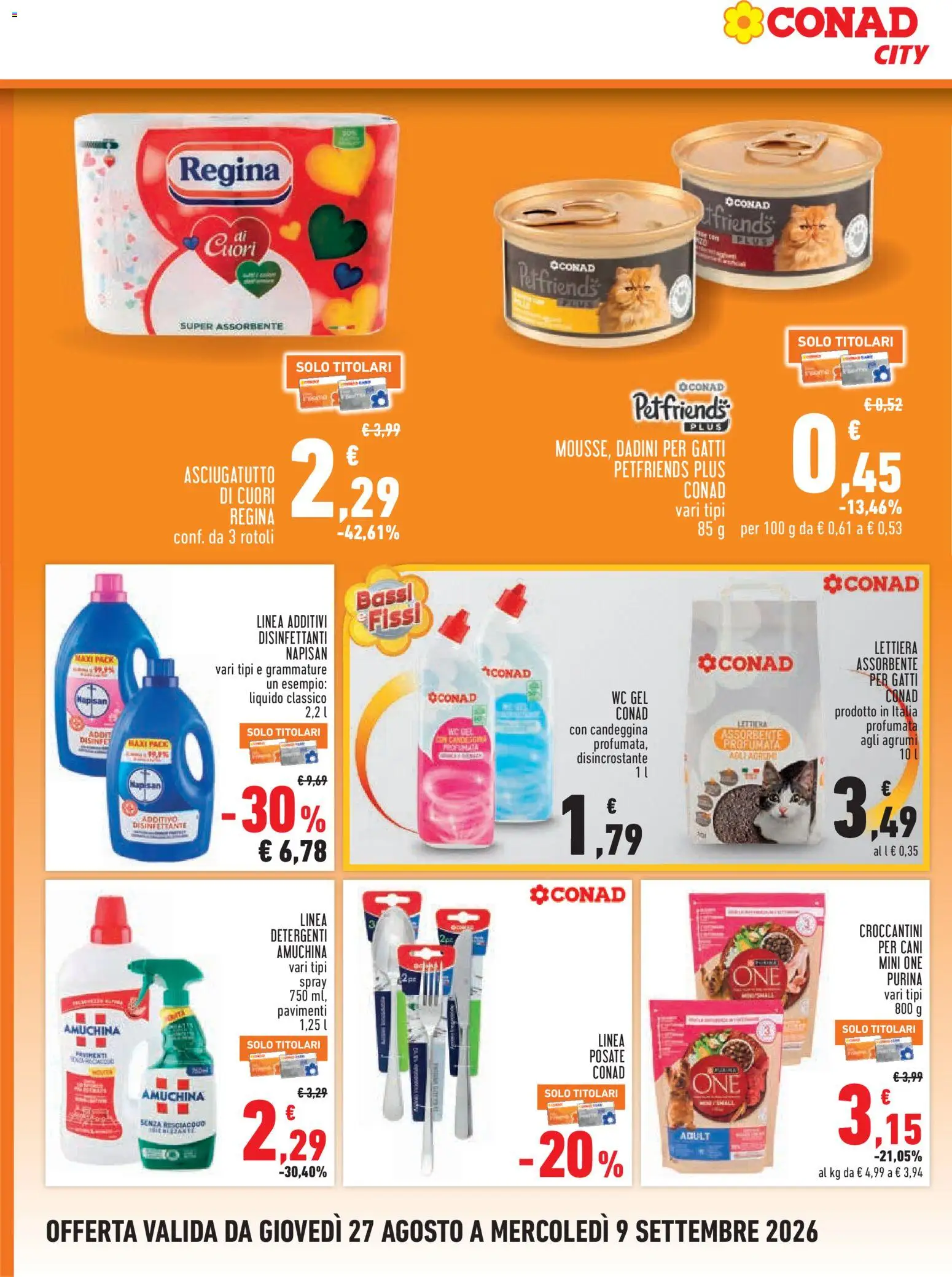 Volantino Conad del 27/08/2026 | Pagina: 18 | Prodotti: Posate, Candeggina, Agrumi, WC