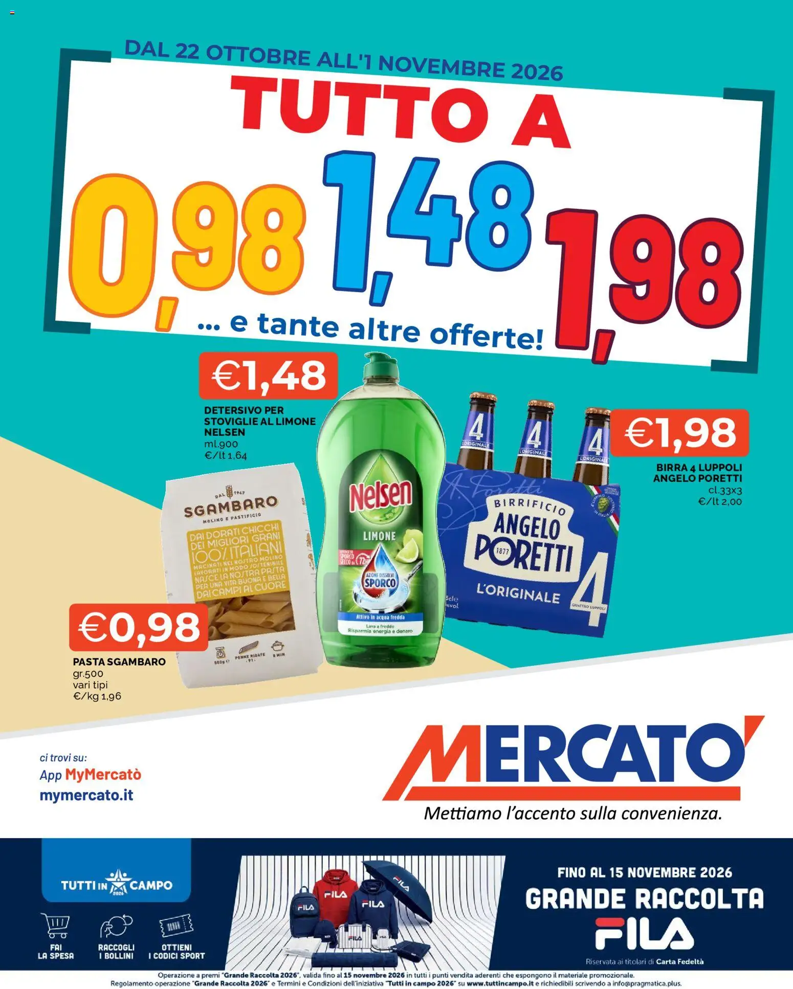 Volantino Mercatò del 22/10/2026 | Pagina: 1 | Prodotti: Acqua, Limone, Pasta, Penne