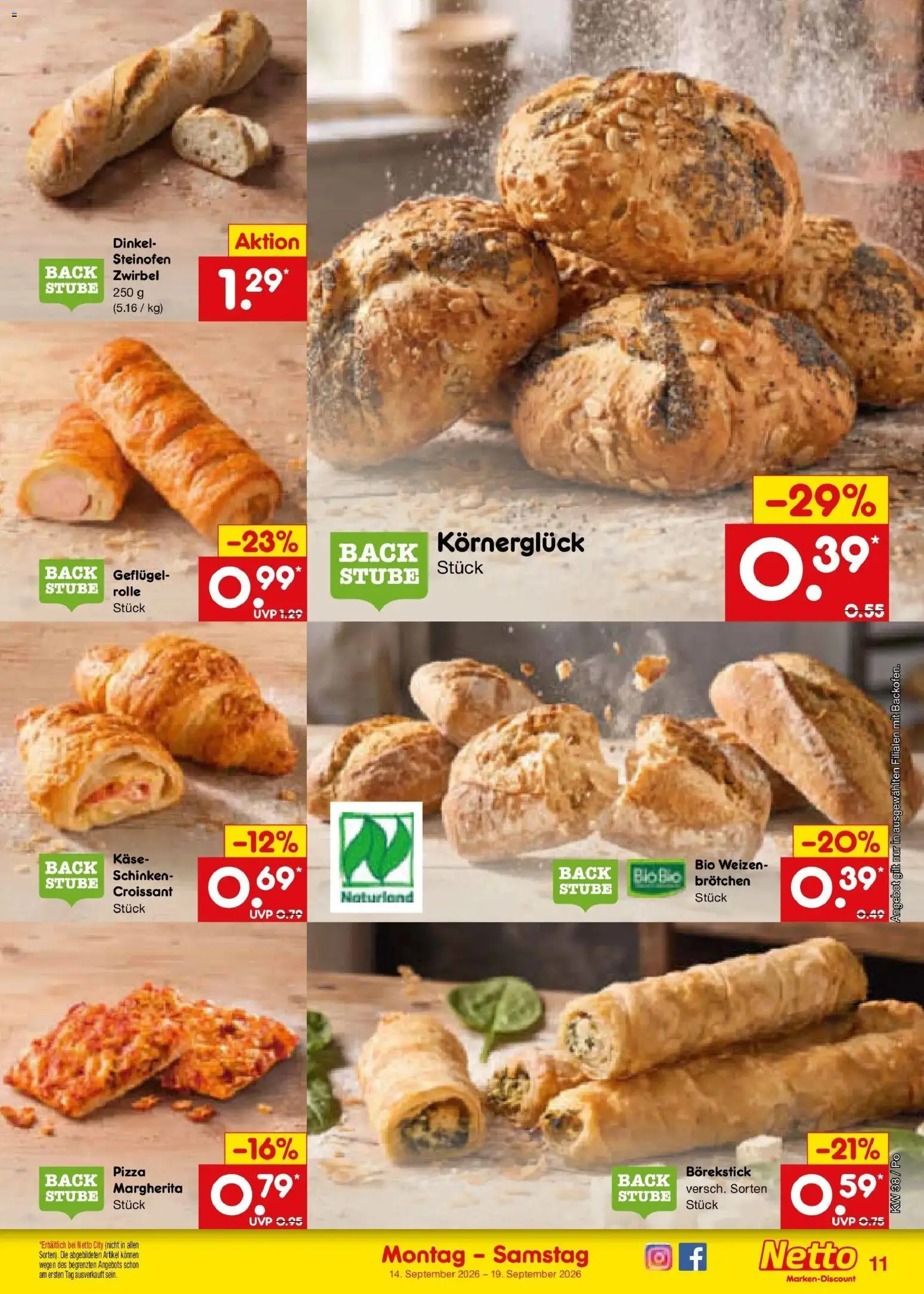 Netto Marken-Discount Prospekt Amberg – gültig ab 14.09.2026 | Seite: 15 | Produkte: Käse, Croissant, Schinken, Pizza