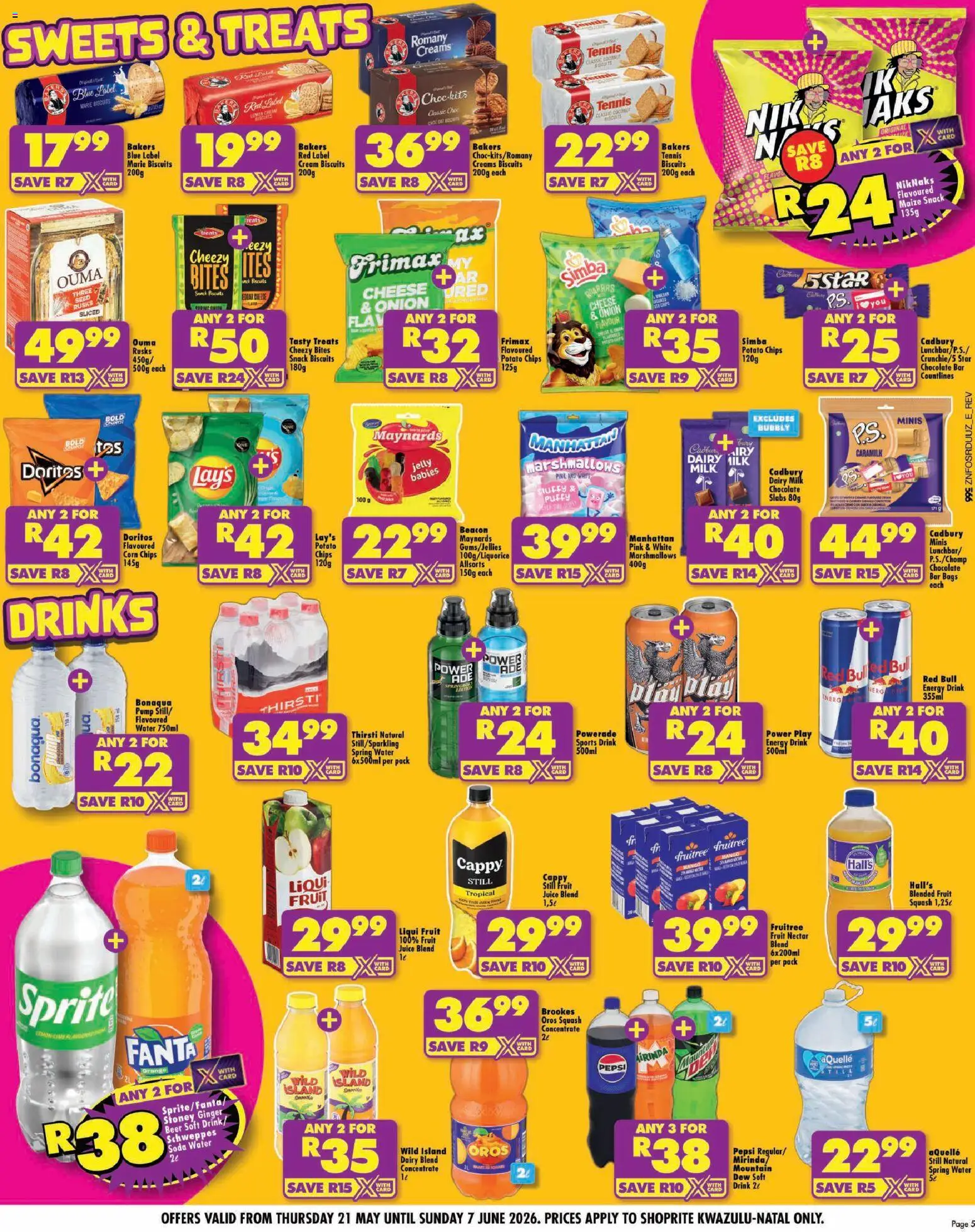 New Shoprite catalogue – valid from 21.05.2026 | Page: 5 | Products: Corn, Chocolate, Chips, Fruit