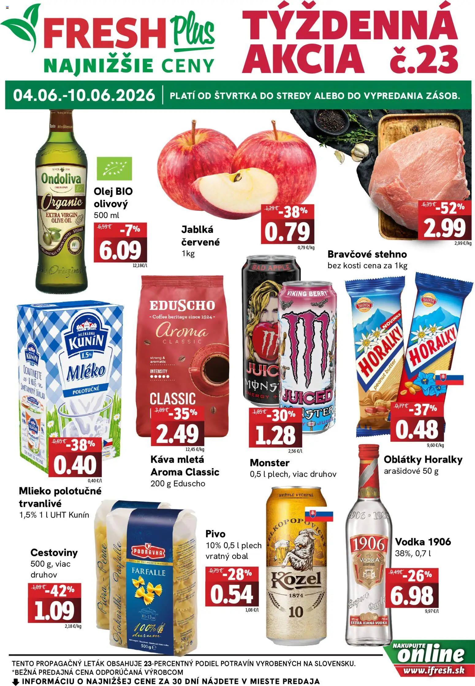 Nové Fresh akcie – leták je platný od 04.06.2026 | Strana: 1 | Produkty: Mlieko, Káva, Cestoviny, Vodka