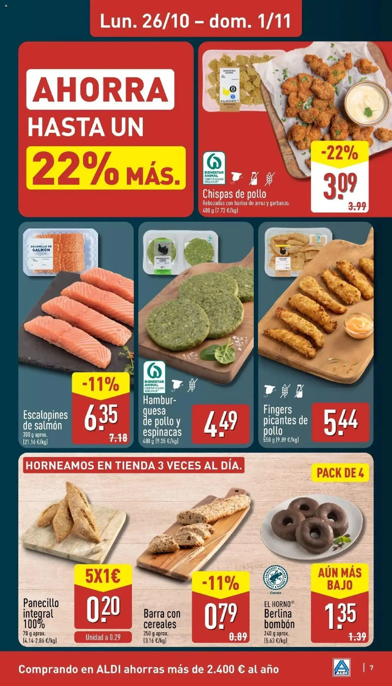Aldi - Qué poco cuesta comprar bien │ válido desde el 26/10/2026 | Página: 7 | Productos: Salmón, Dónut, Hamburguesa, Cacao