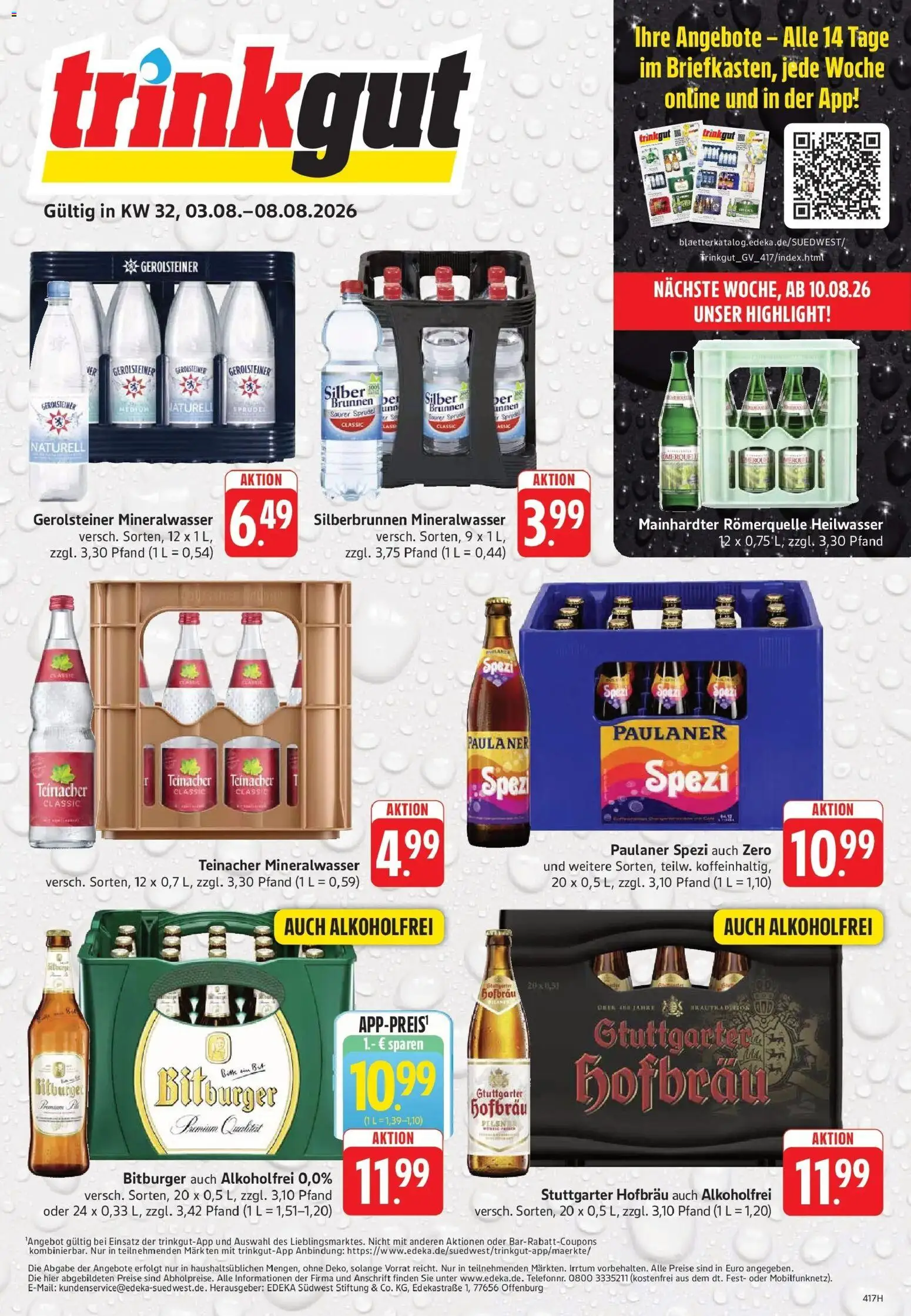 Trinkgut Prospekt Weissach Im Tal – gültig ab 03.08.2026 | Seite: 1 | Produkte: Bitburger, Paulaner spezi, Mineralwasser, Gerolsteiner