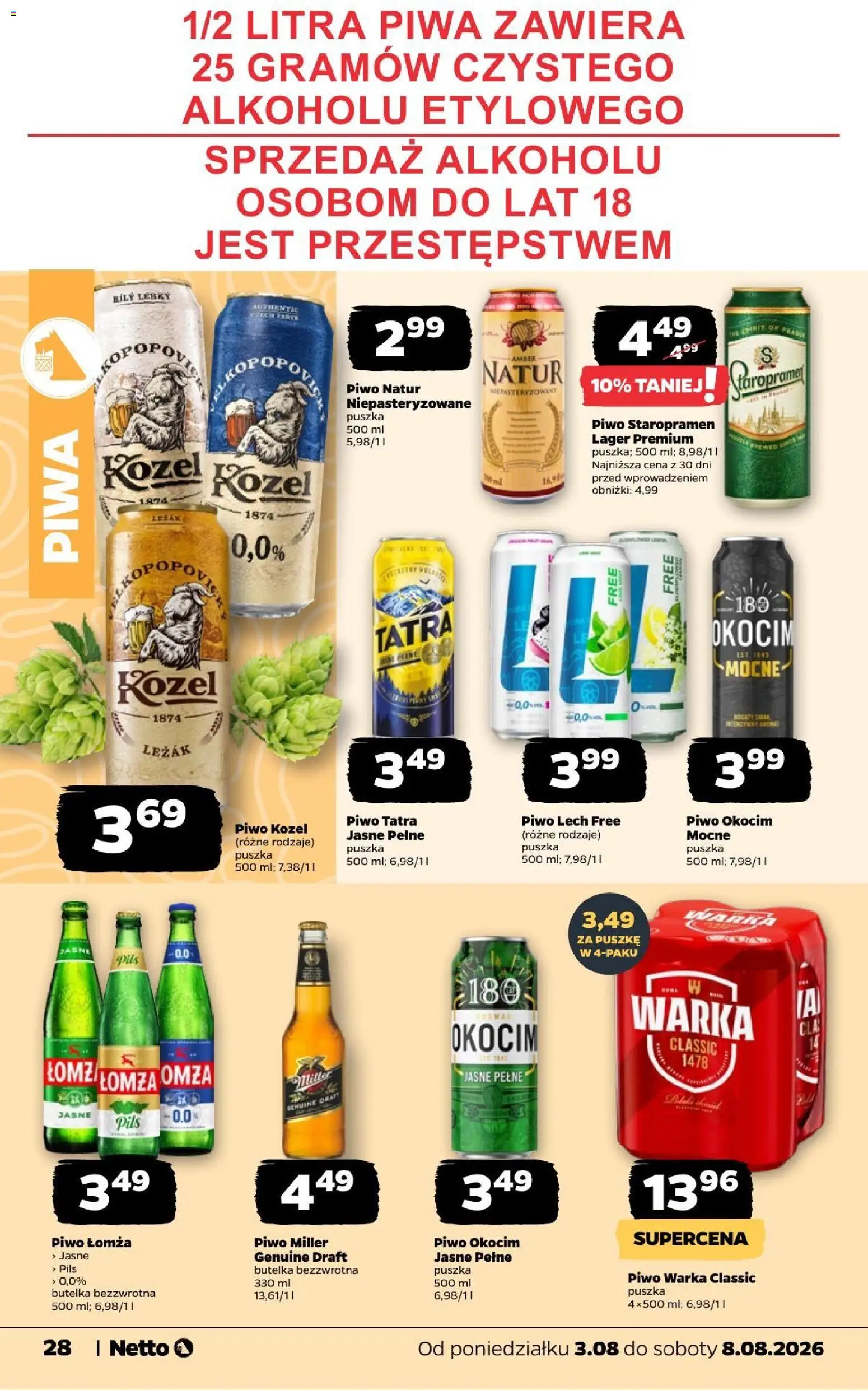 Netto gazetka od poniedziałku od 03.08.2026 | Strona: 28 | Produkty: Leżak, Piwo Warka, Piwo Staropramen, Piwo kozel