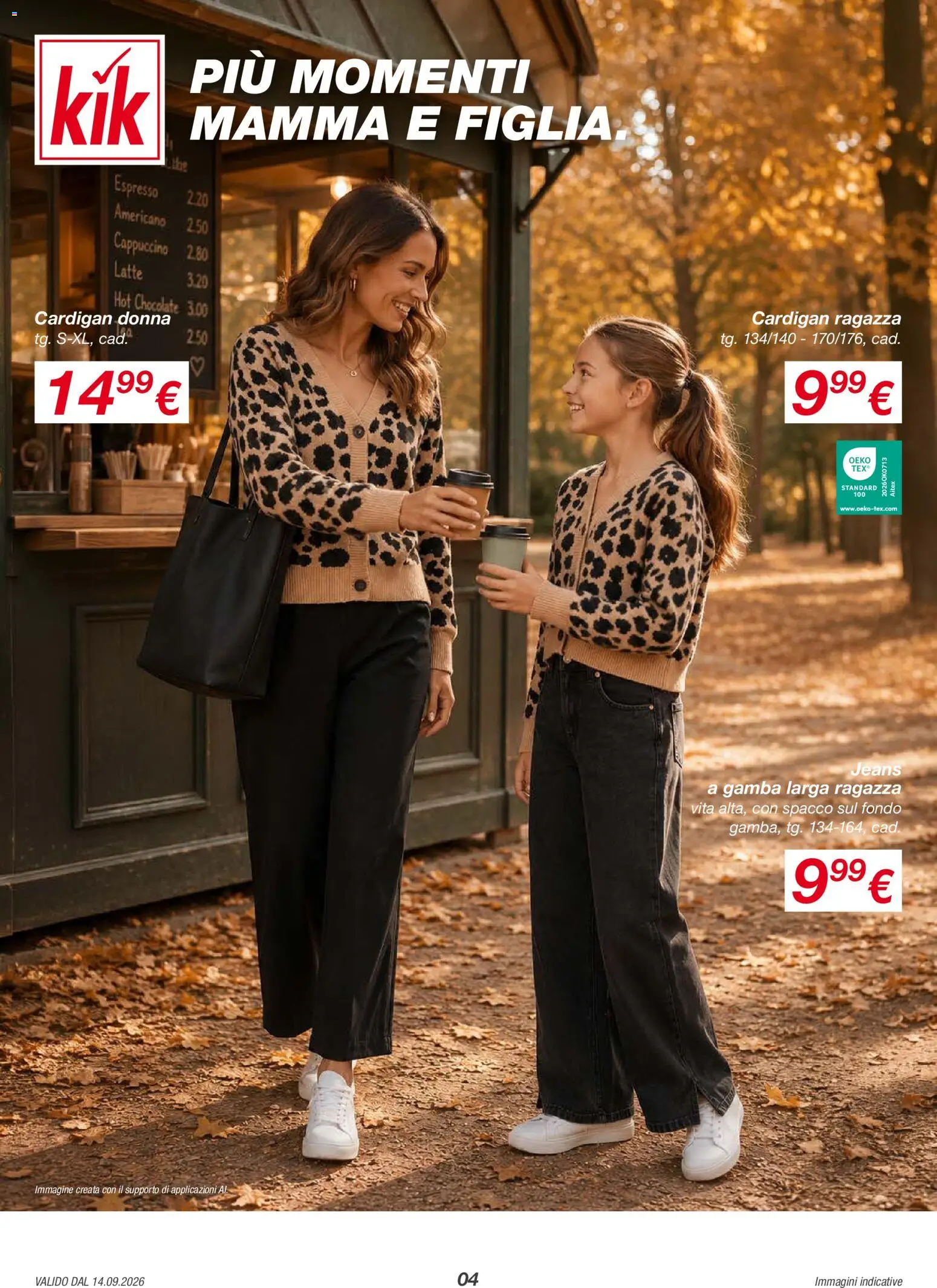 Volantino KiK del 14/09/2026 | Pagina: 4 | Prodotti: Gamba, Cappuccino, Cardigan, Jeans