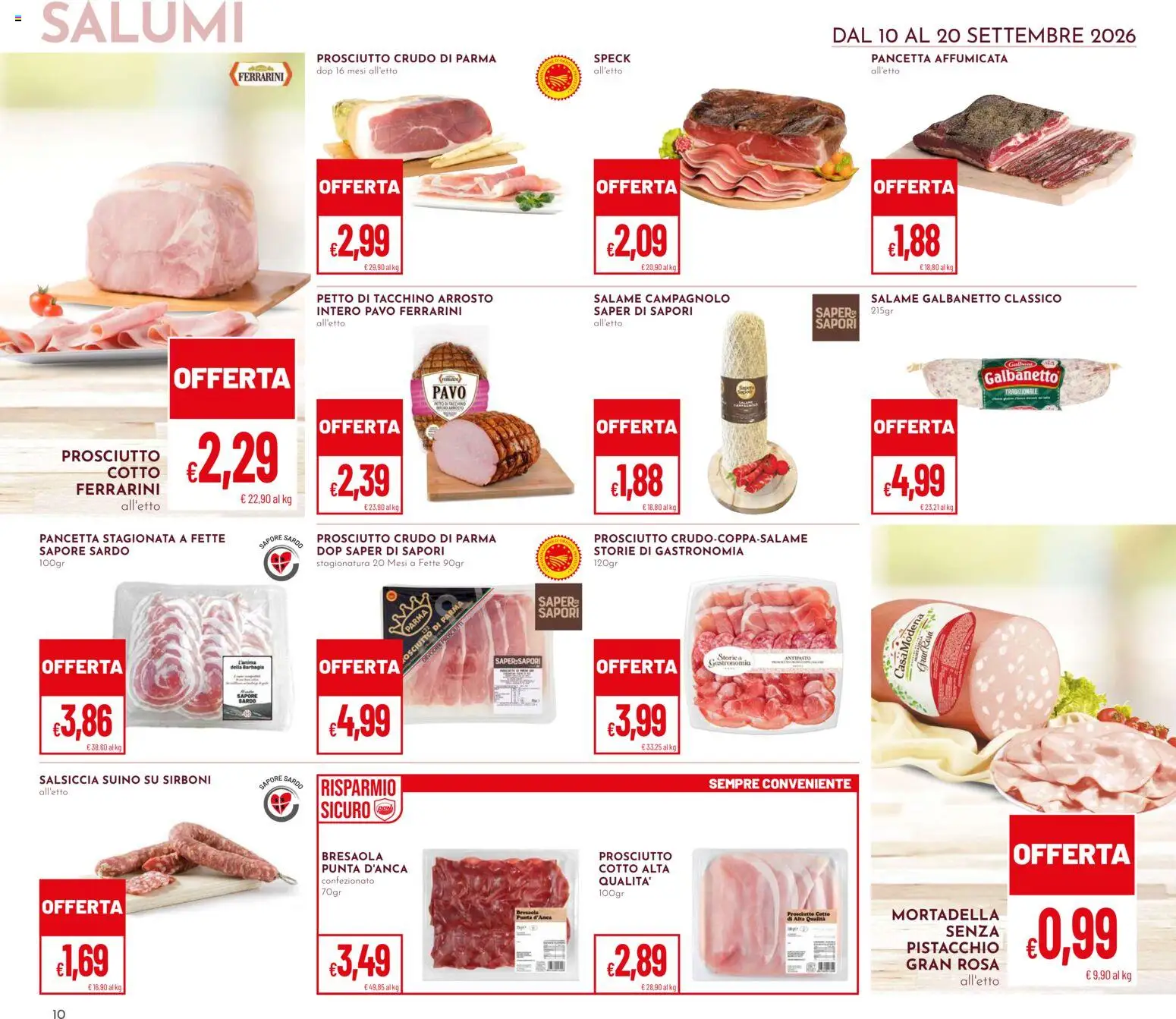 Volantino Pan del 10/09/2026 | Pagina: 10 | Prodotti: Prosciutto Crudo, Mortadella, Petto di tacchino, Letto