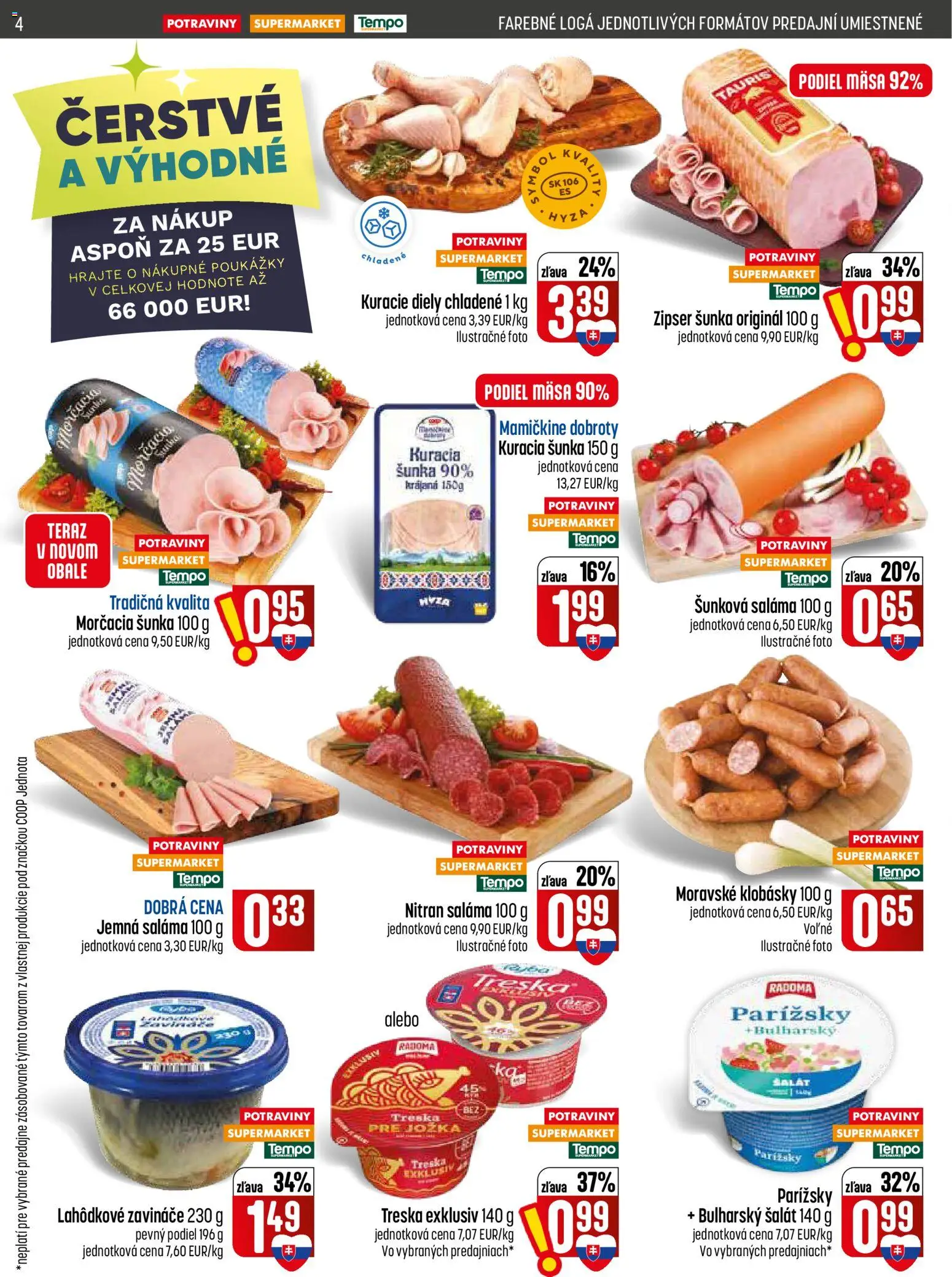 Nové COOP Jednota akcie – leták je platný od 30.07.2026 | Strana: 4 | Produkty: Saláma, Šalát, Kuracia šunka, Treska