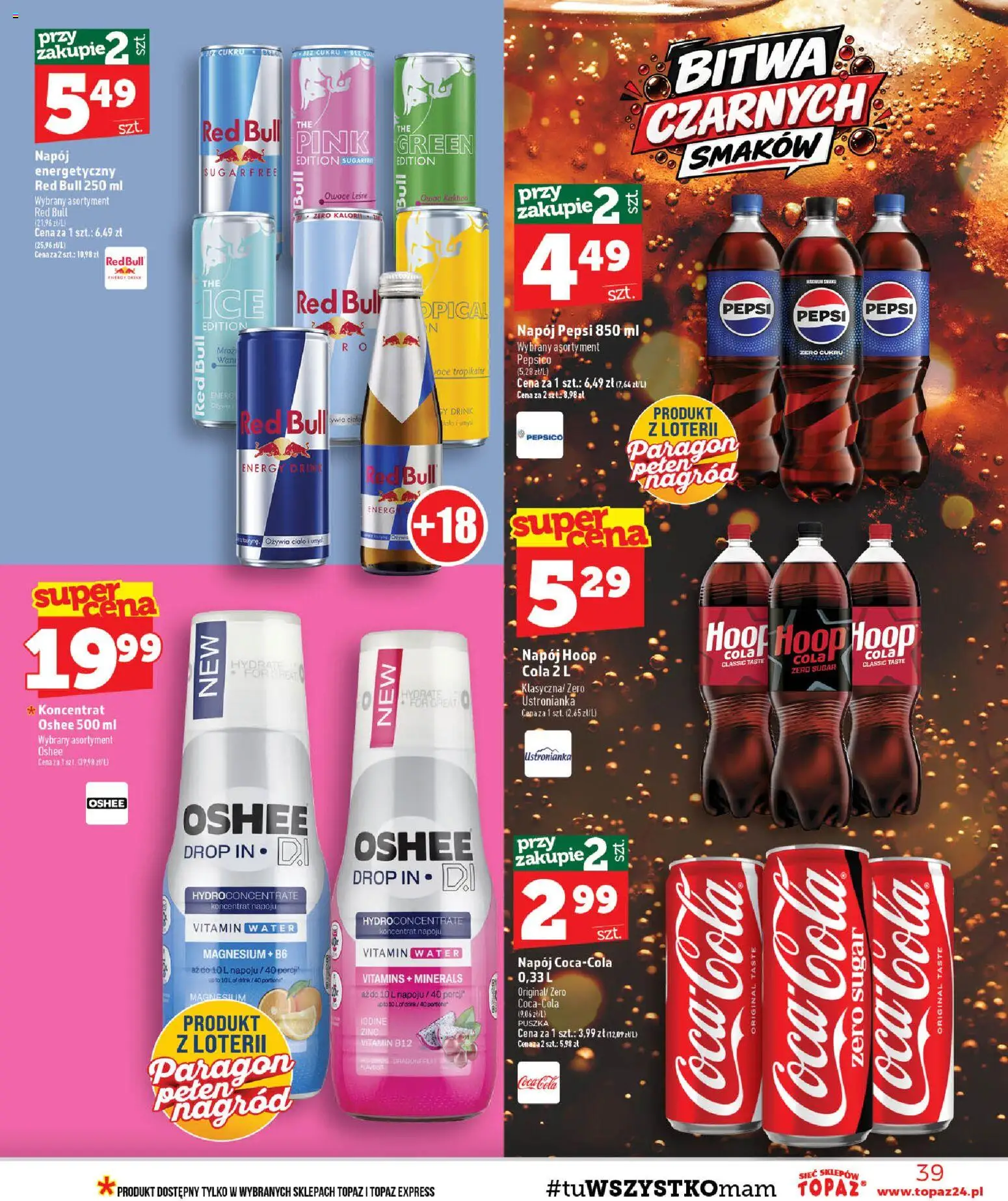 Topaz gazetka - MAZ od 10.09.2026 | Strona: 39 | Produkty: Red bull, Pepsi, Oshee, Owoce leśne