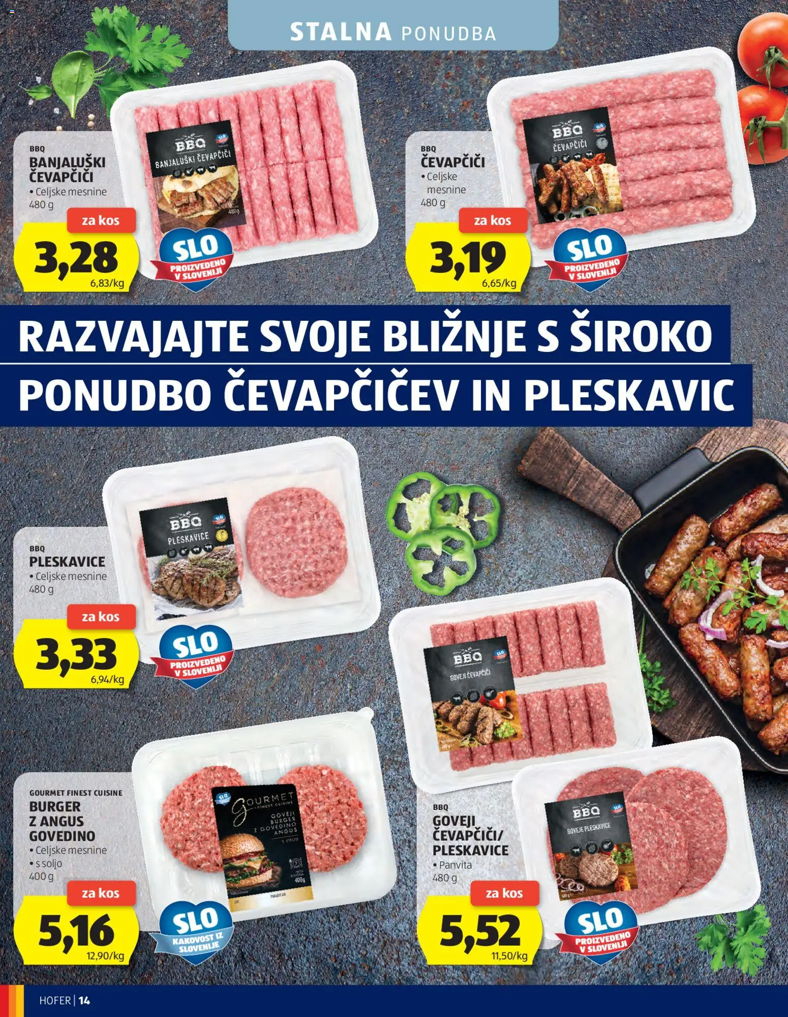 Novi Hofer katalog ponudbe – veljaven od 27.05.2026 | Stran: 14 | Izdelki: Čevapčiči, Pleskavice, Kos