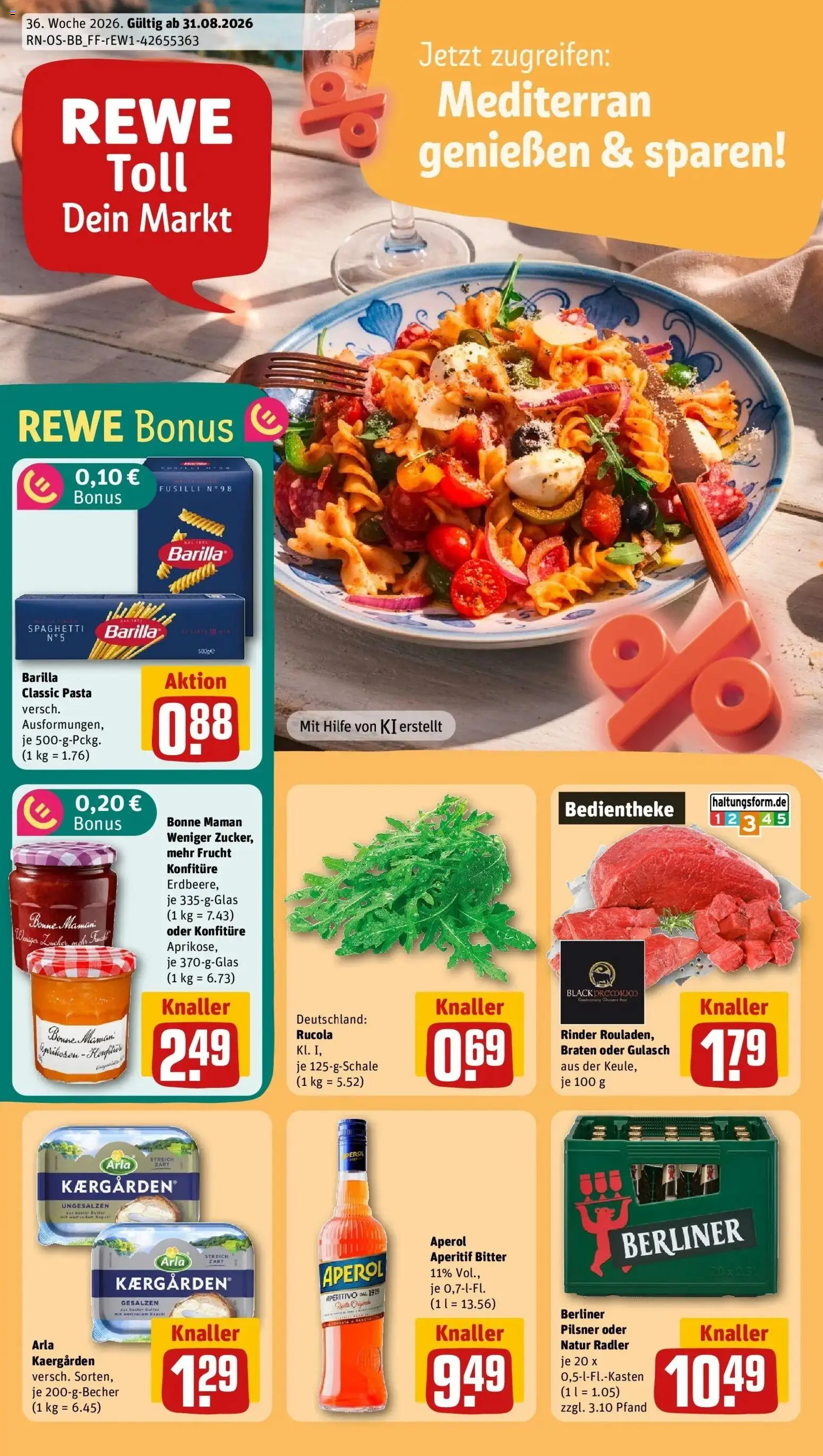 REWE Prospekt ab 31.08.2026 zum Blättern » Angebote | Seite: 1 | Produkte: Barilla, Radler, Pasta, Aperol