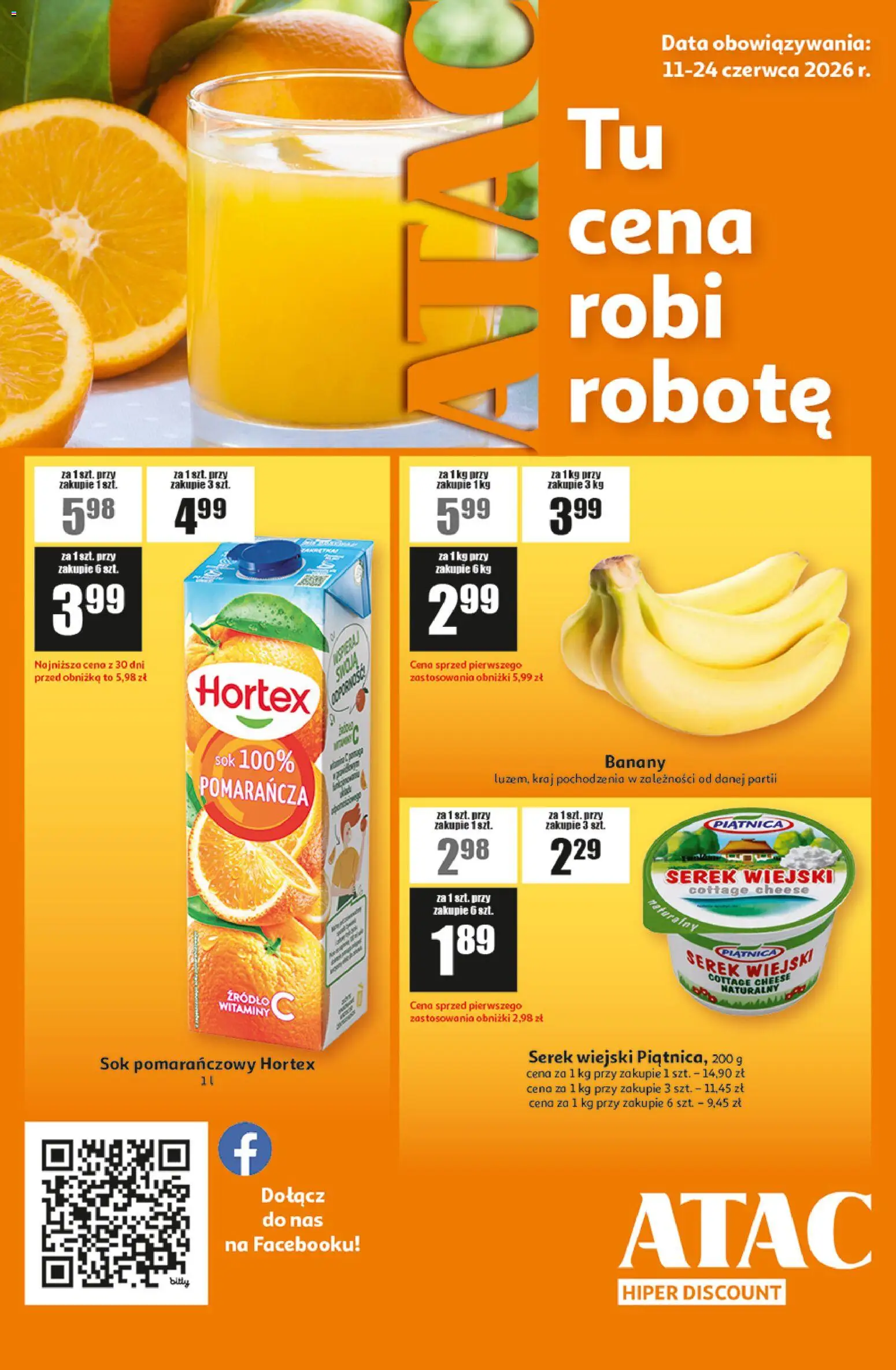 Auchan gazetka - ATAC Hiper Discount od 11.06.2026 | Strona: 1 | Produkty: Sok pomarańczowy, Serek, Serek wiejski, Banany
