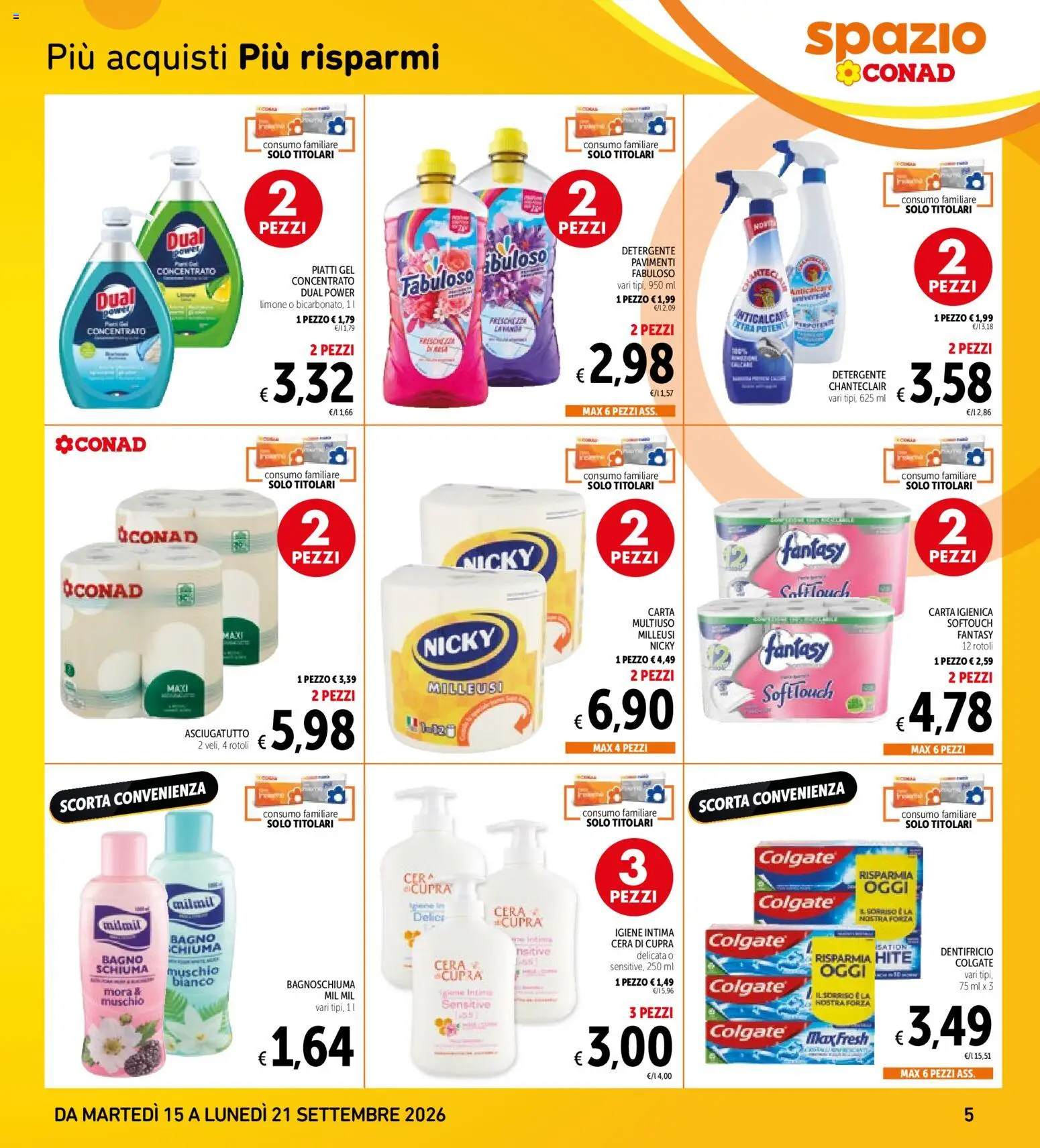 Volantino Spazio Conad del 15/09/2026 | Pagina: 5 | Prodotti: Igiene intima, Anticalcare, Limone, Asciugatutto
