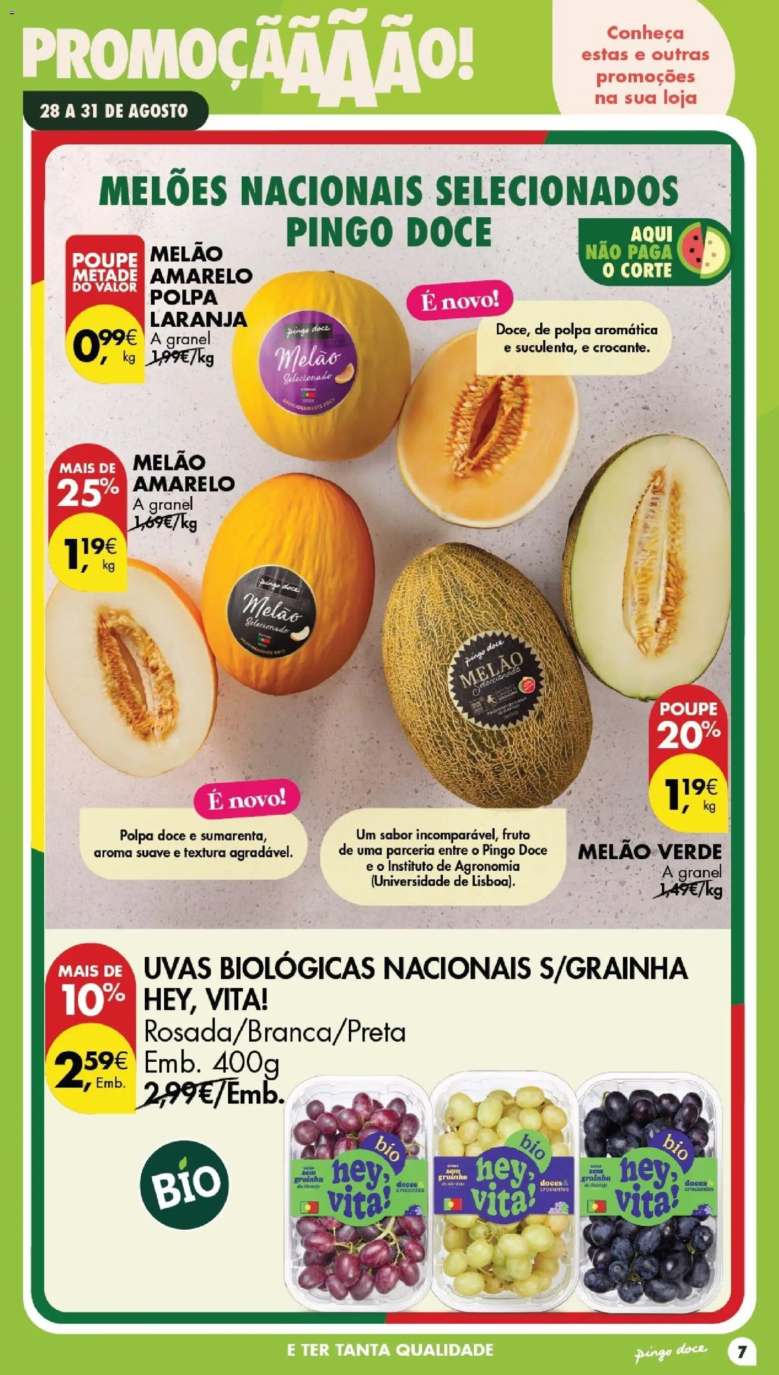 Pingo Doce Poupe este Fim de Semana │ válido de 28/08/2026 | Página: 7 | Produtos: Melão amarelo, Doces, Melão, Uvas