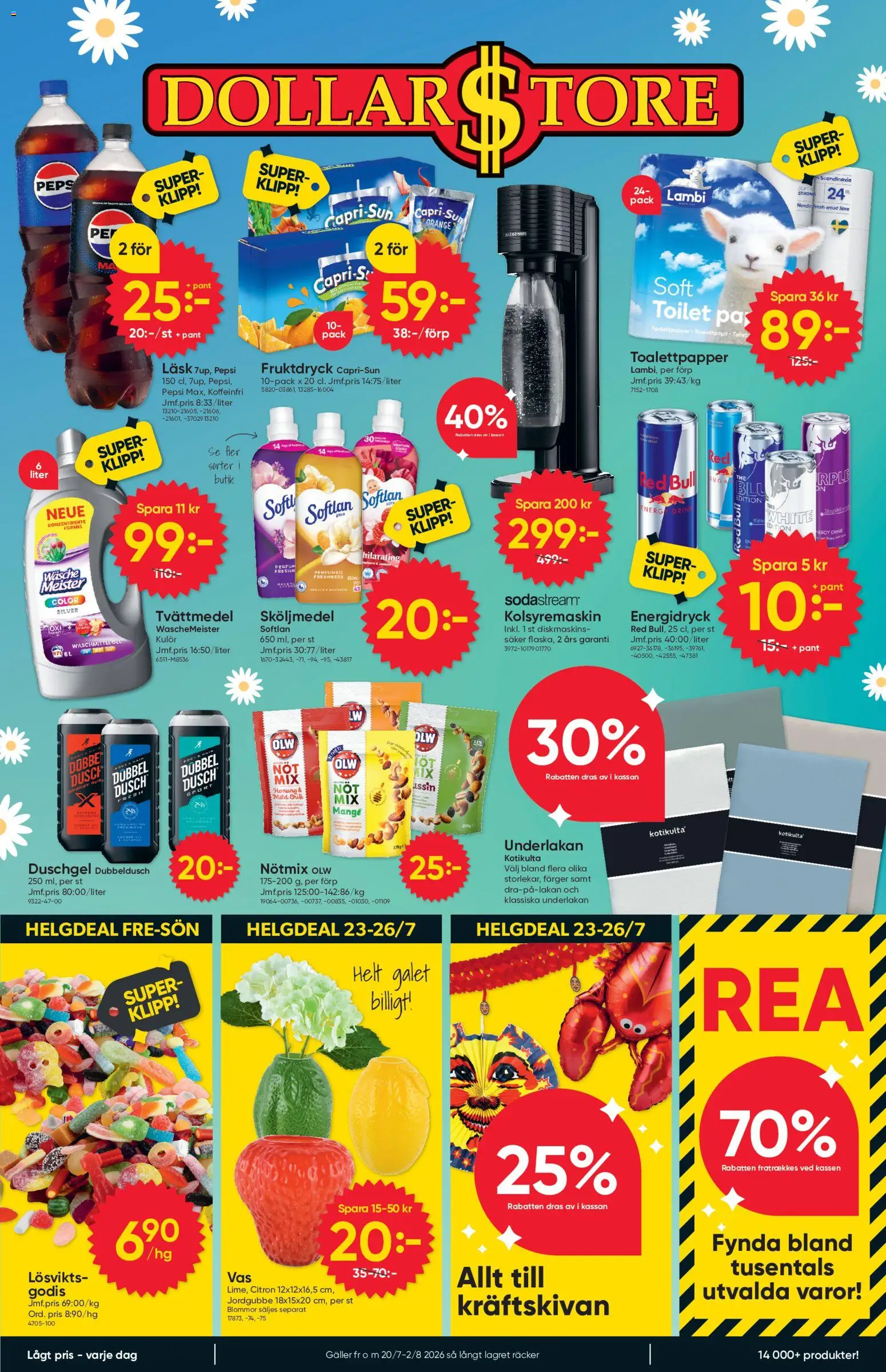 Dollar Store reklamblad aktuell från 20/07/2026 | Sida: 1 | Produkter: Underlakan, Sköljmedel, Galler, Pepsi