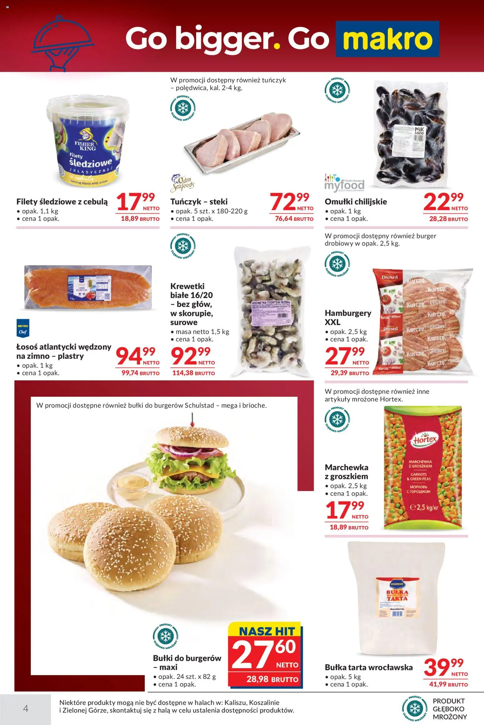 Makro gazetka - Oferta dla gastronomii od 18.08.2026 | Strona: 4 | Produkty: Bułki do burgerów, Łosoś atlantycki, Krewetki, Burger