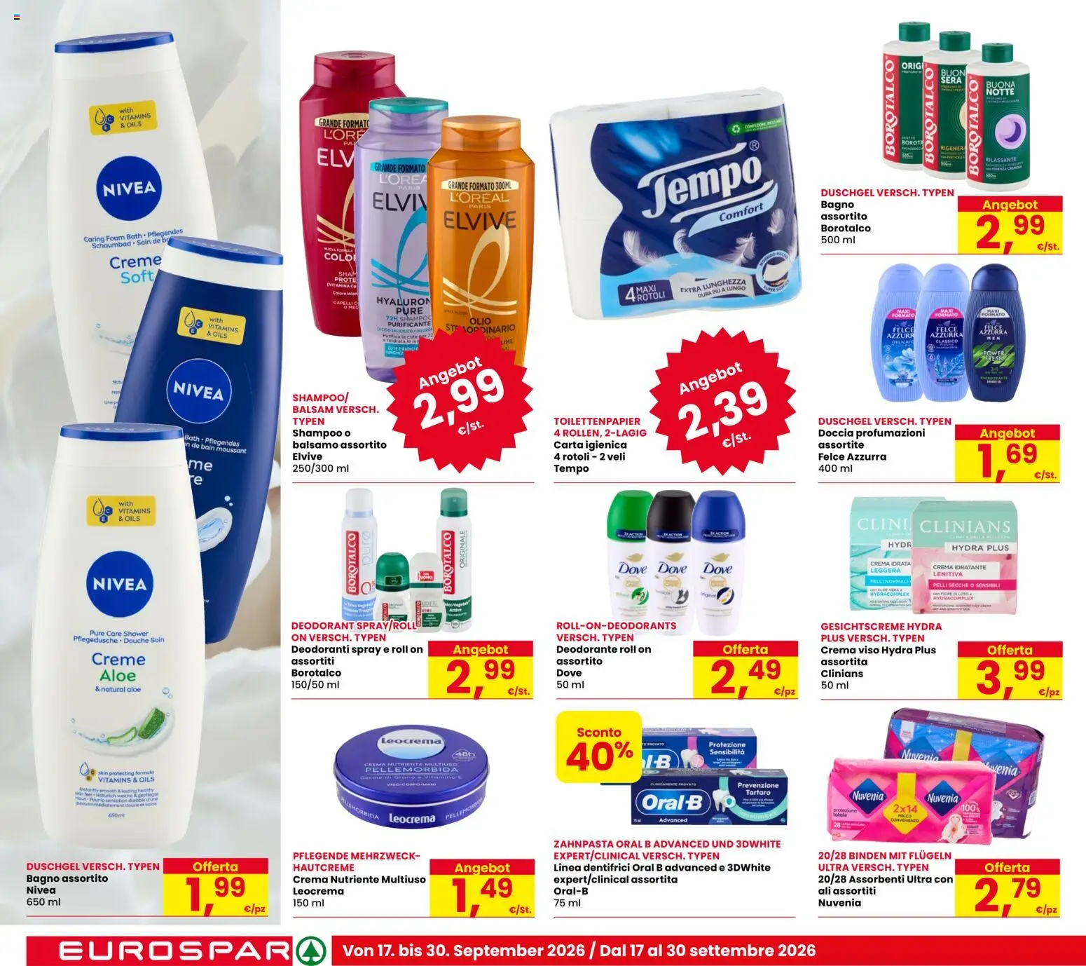 Volantino Eurospar del 17/09/2026 | Pagina: 22 | Prodotti: Carta igienica, Deodorante, Bagno, Doccia