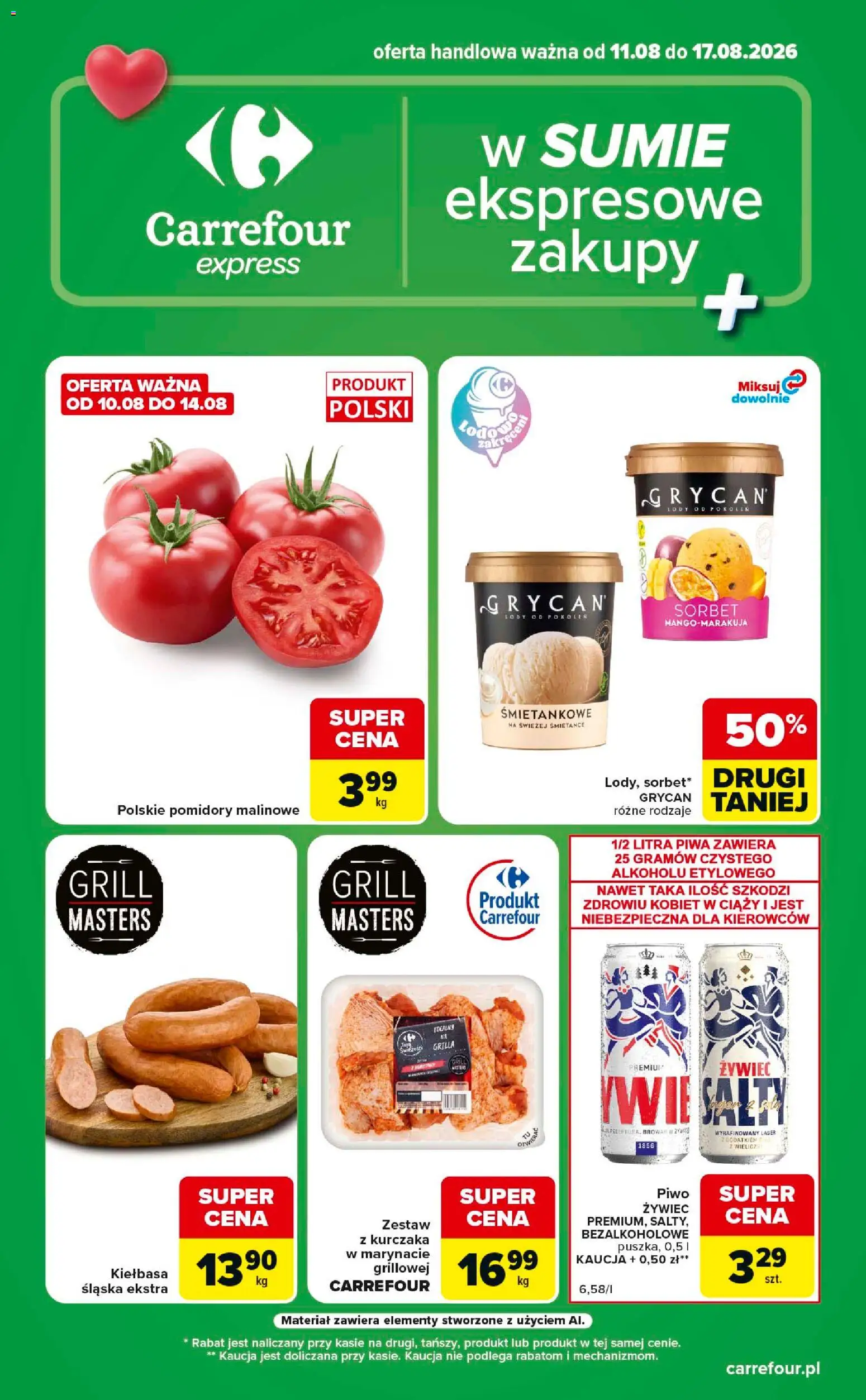 Carrefour gazetka - Express od 11.08.2026 | Strona: 1 | Produkty: Kiełbasa, Grill, Sorbet, Piwo