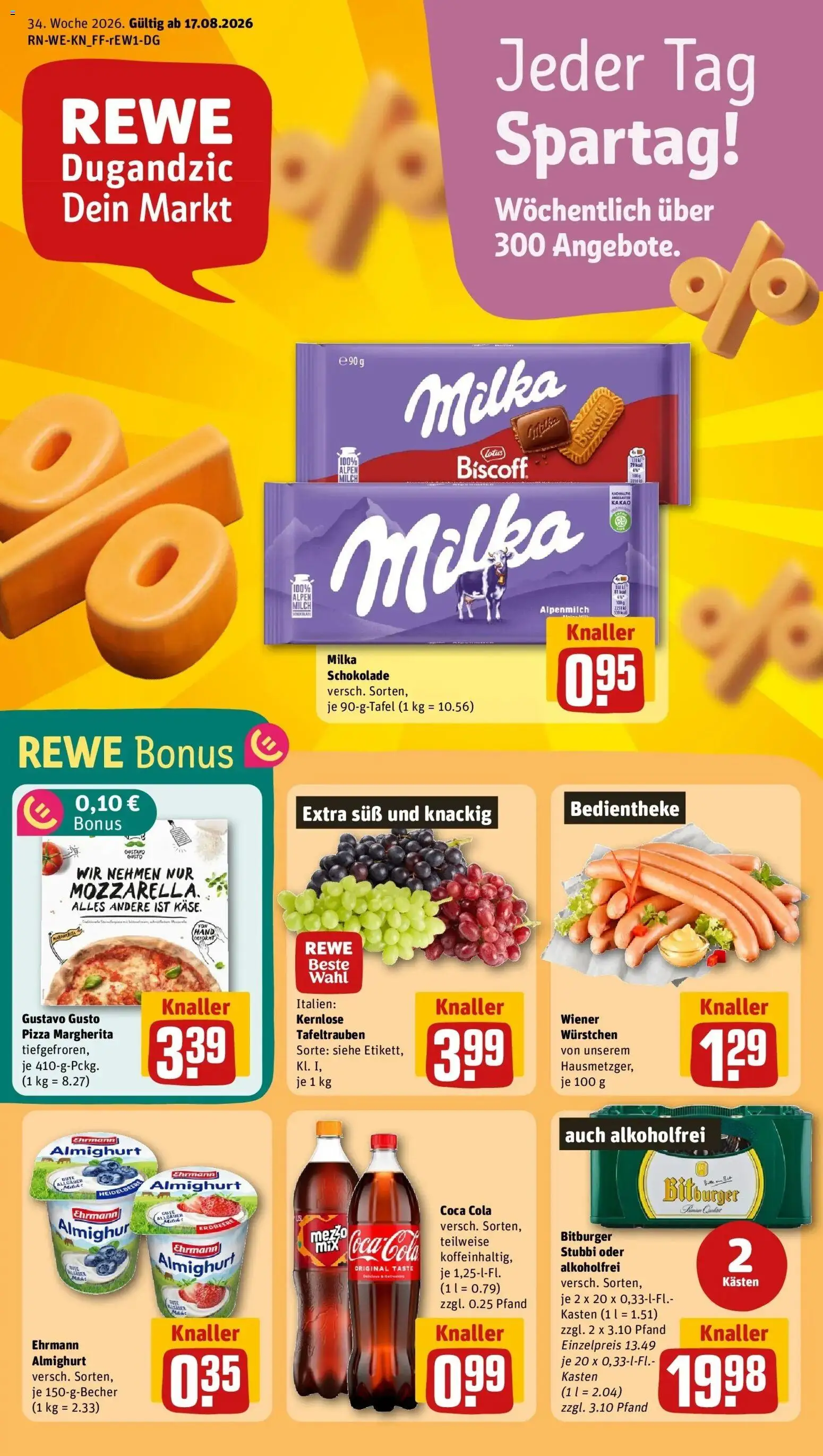 REWE Prospekt ab 17.08.2026 zum Blättern » Angebote | Seite: 1 | Produkte: Ehrmann almighurt, Schokolade, Milka schokolade, Pizza