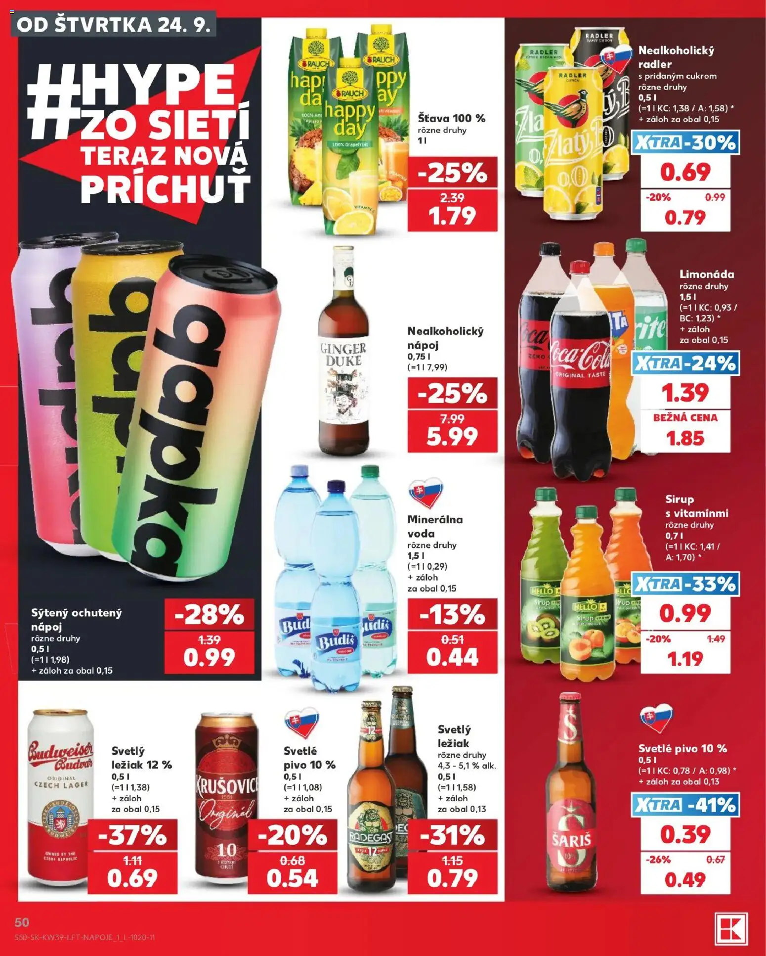 Nové Kaufland akcie – leták je platný od 24.09.2026 | Strana: 50 | Produkty: Pivo, Budiš, Šťava, Limonáda