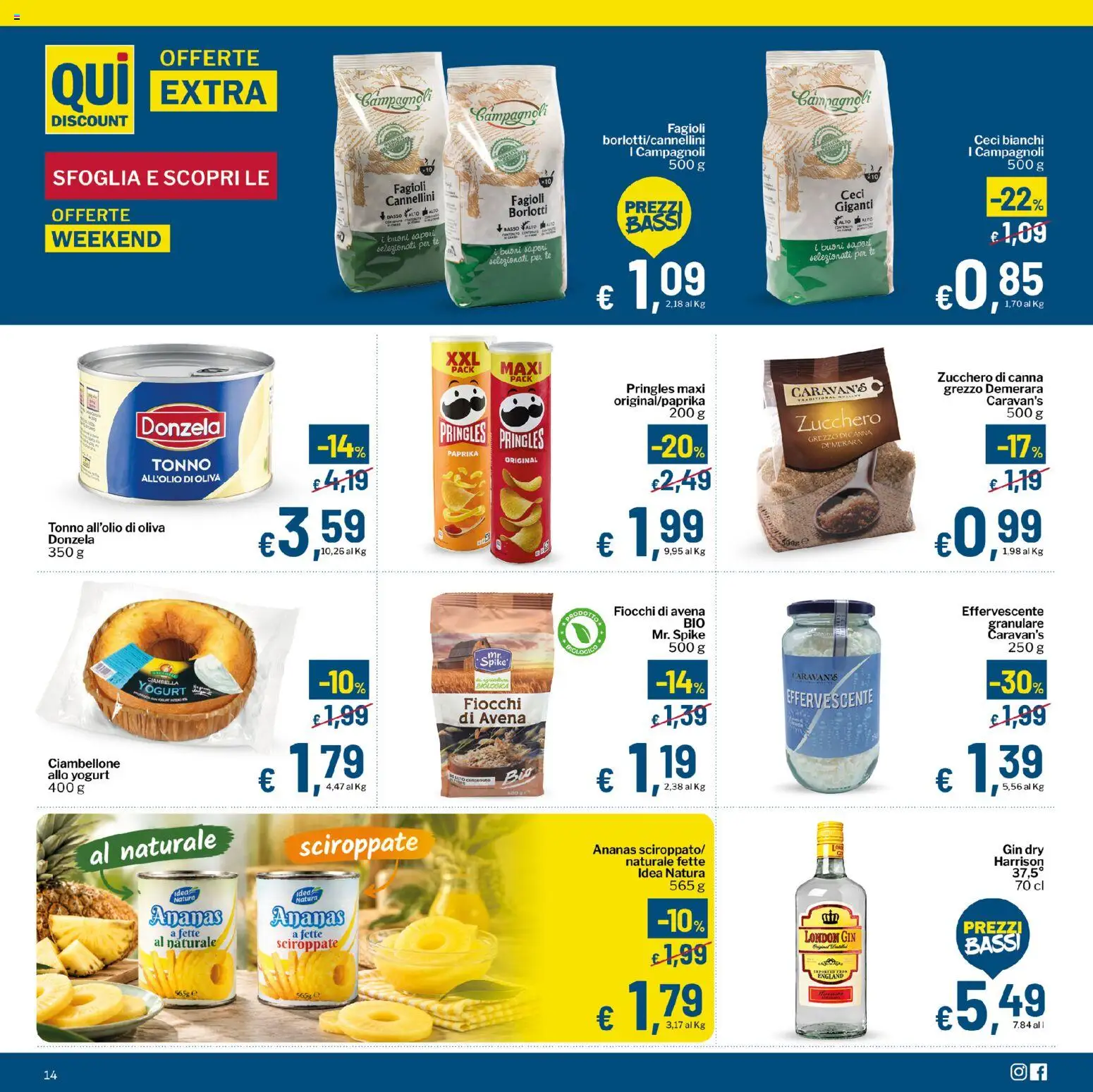 Volantino Qui Discount del 20/10/2026 | Pagina: 14 | Prodotti: Yogurt, Gin, Tonno, Basso