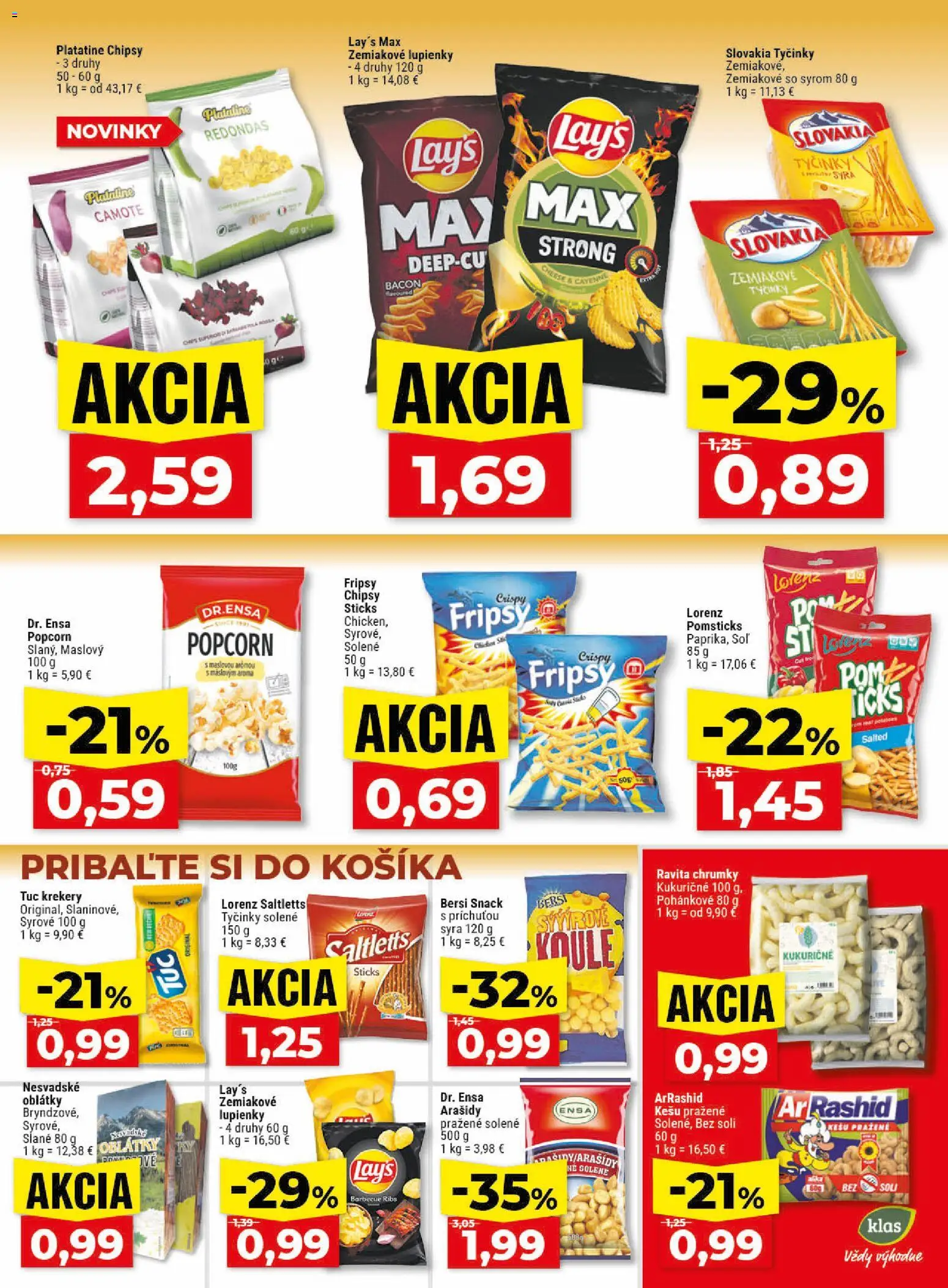 Nové Klas akcie – leták je platný od 18.05.2026 | Strana: 20 | Produkty: Chipsy, Soľ, Arašidy