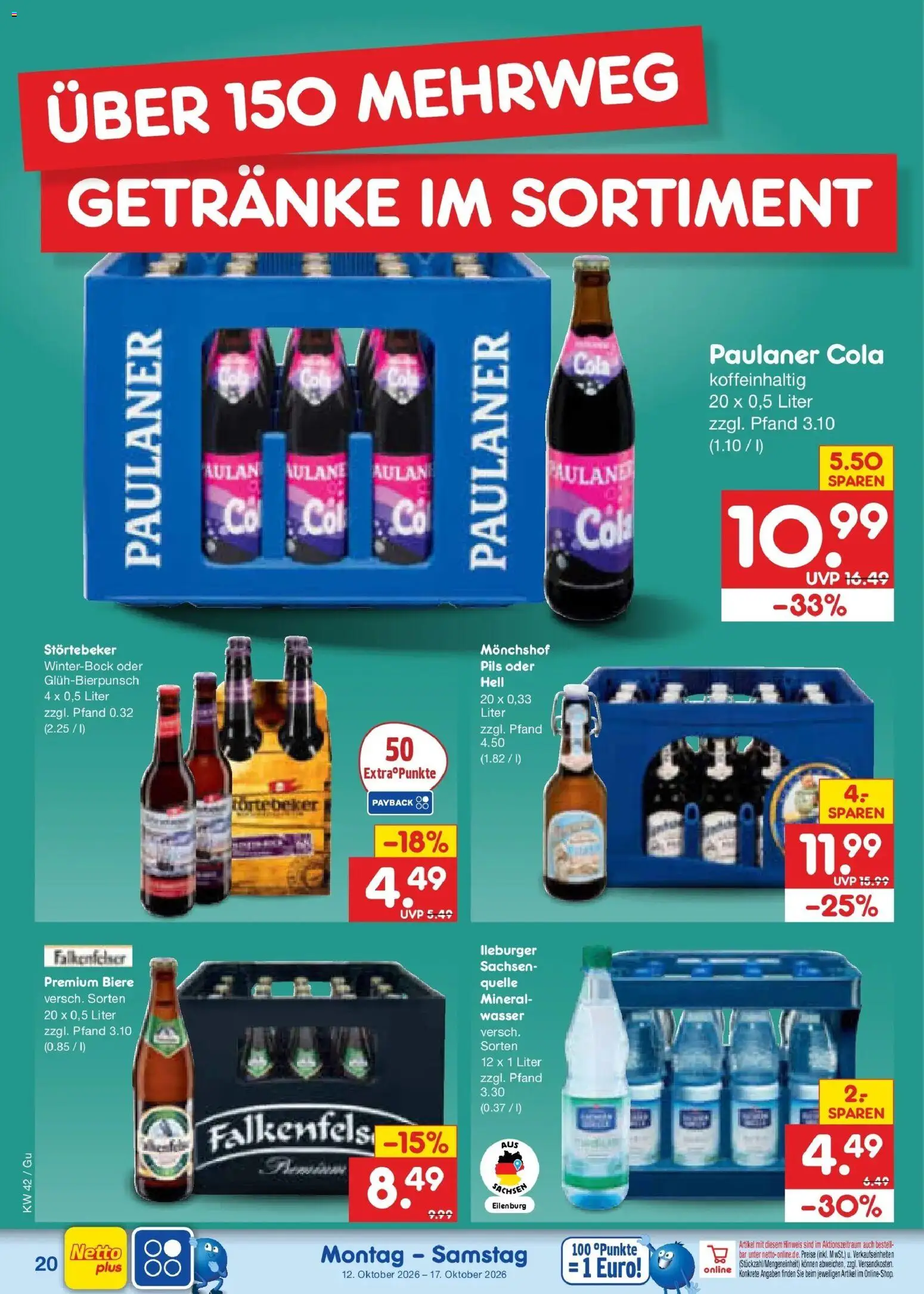 Netto Marken-Discount Prospekt Machern (ab 12.10.2026) » Angebote | Seite: 24 | Produkte: Cola, Pils, Wasser, Paulaner