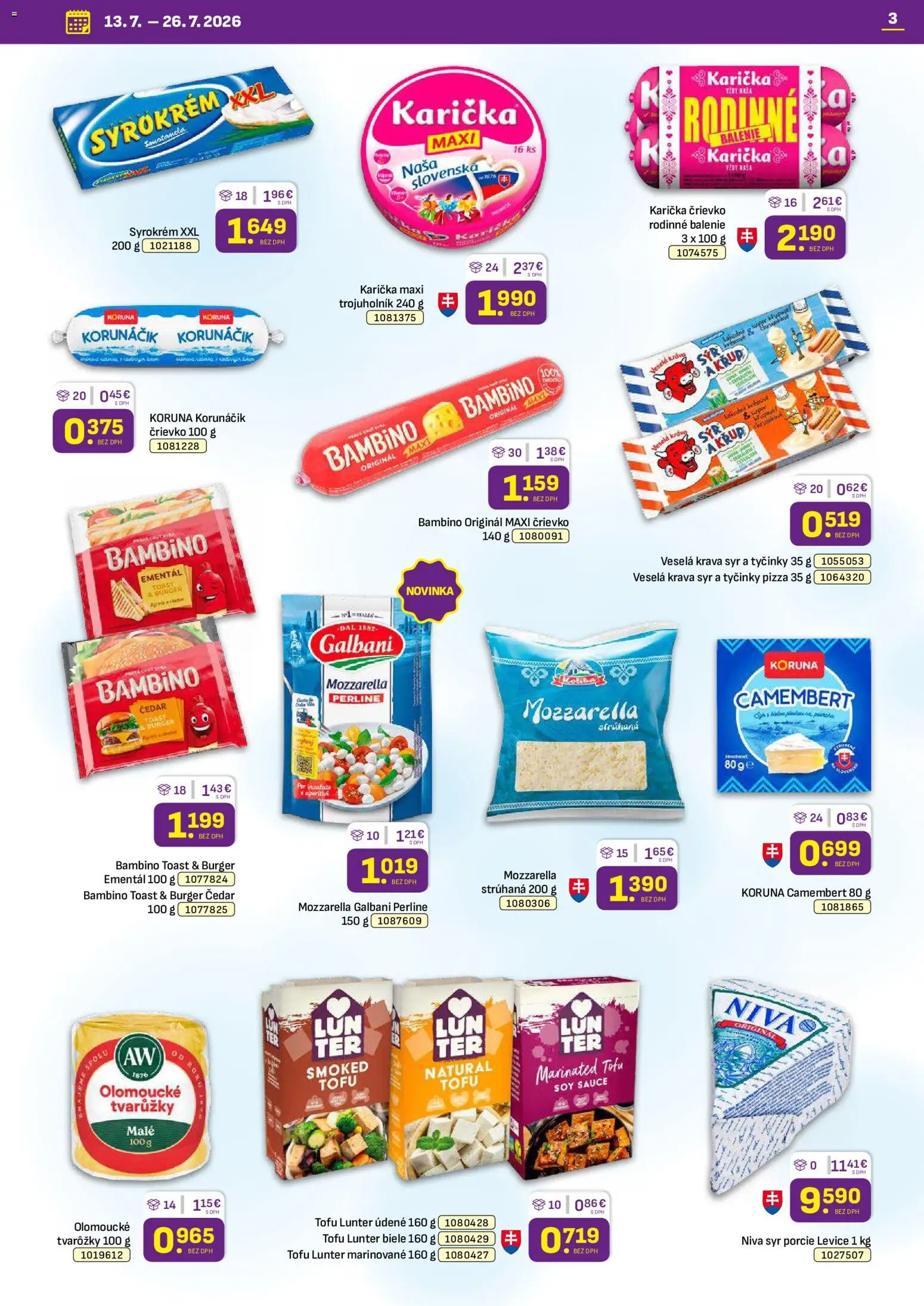 Nové Libex akcie – leták je platný od 13.07.2026 | Strana: 3 | Produkty: Syr, Pizza, Mozzarella, Tofu