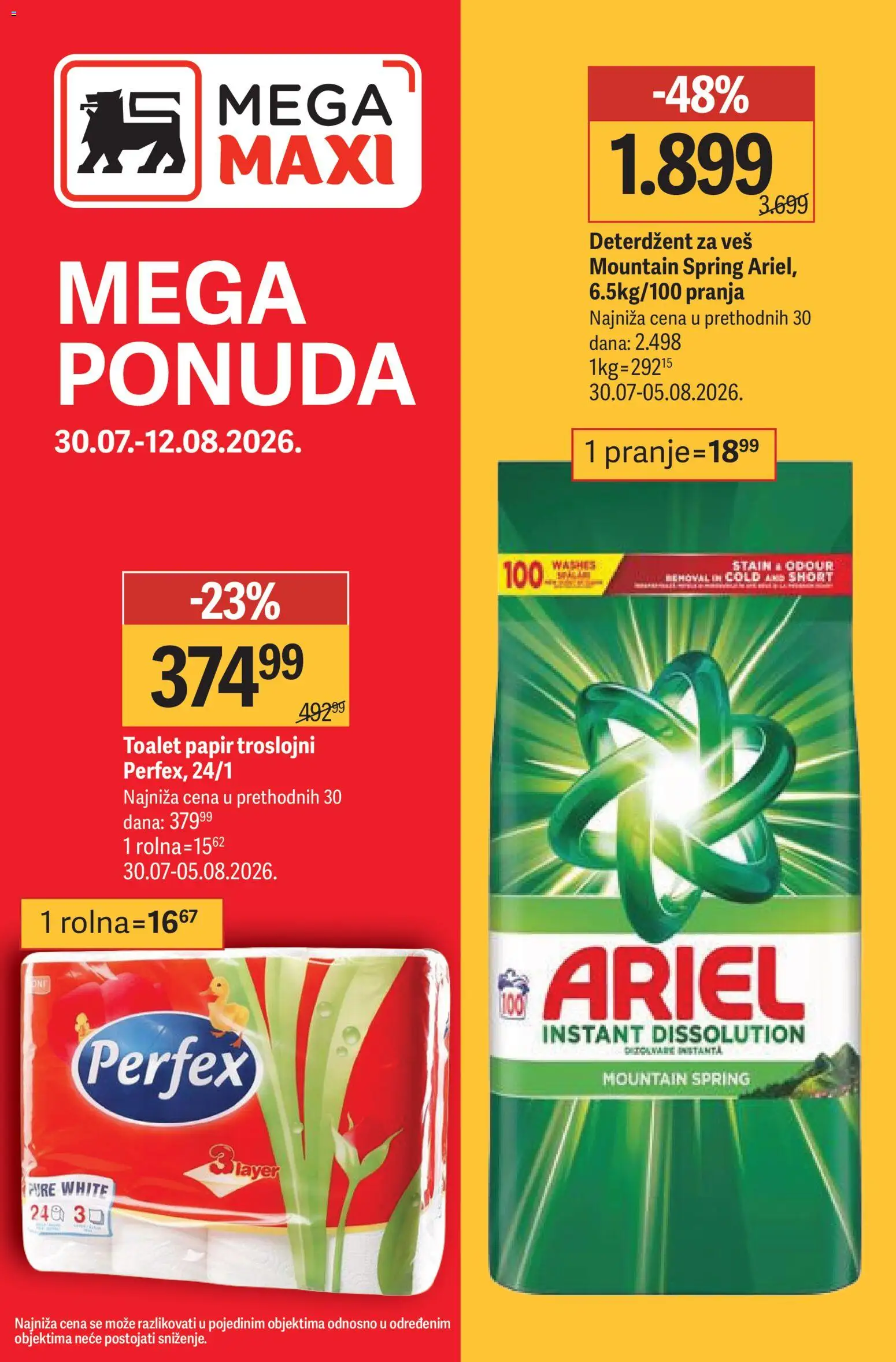 Mega Maxi katalog - važi od 30.07.2026 | Strana: 1 | Proizvode: Deterdžent, Ariel, Toalet papir