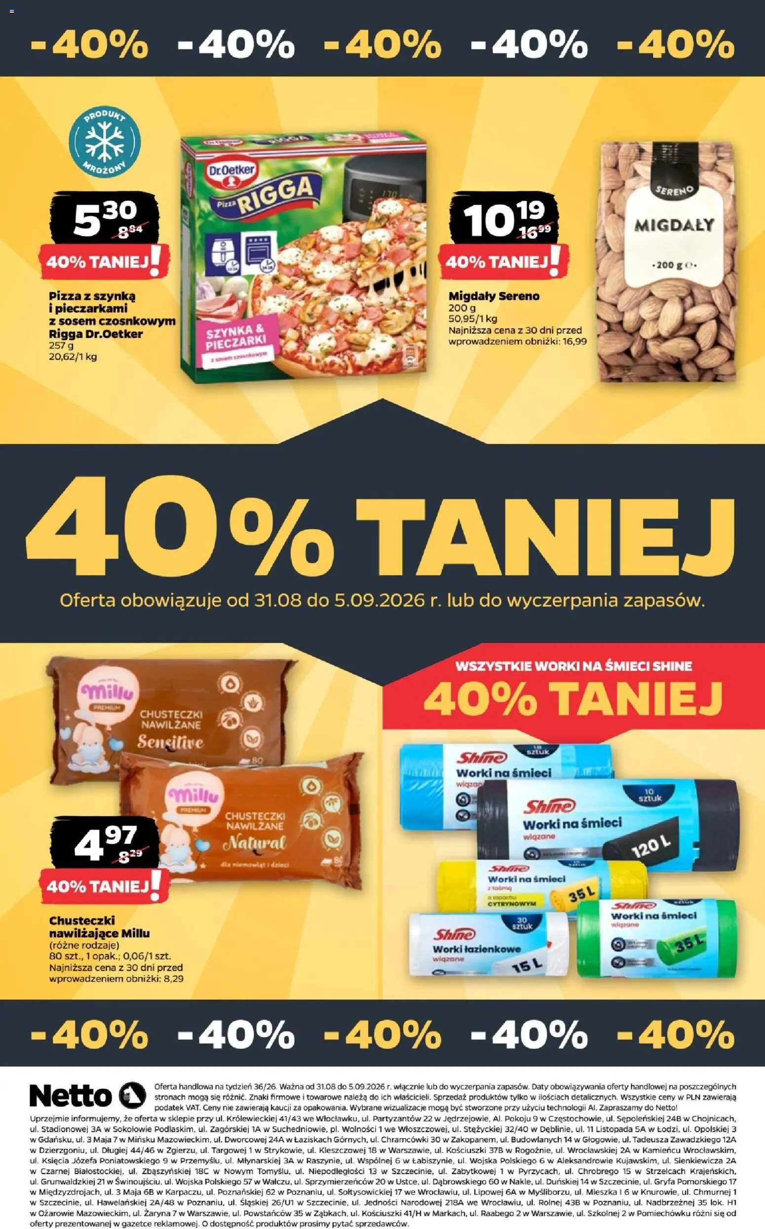 Netto gazetka od poniedziałku od 31.08.2026 | Strona: 35 | Produkty: Chusteczki nawilżane, Migdały, Szynka, Pizza