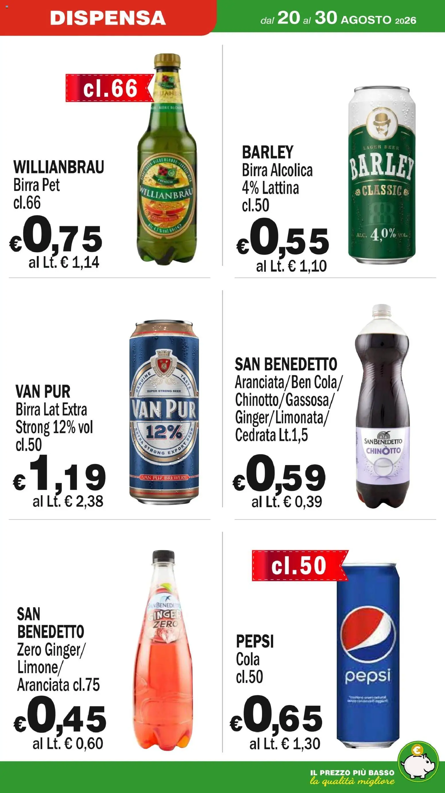 Volantino Primo Prezzo del 20/08/2026 | Pagina: 12 | Prodotti: Birra, Chinotto, Basso, Pepsi