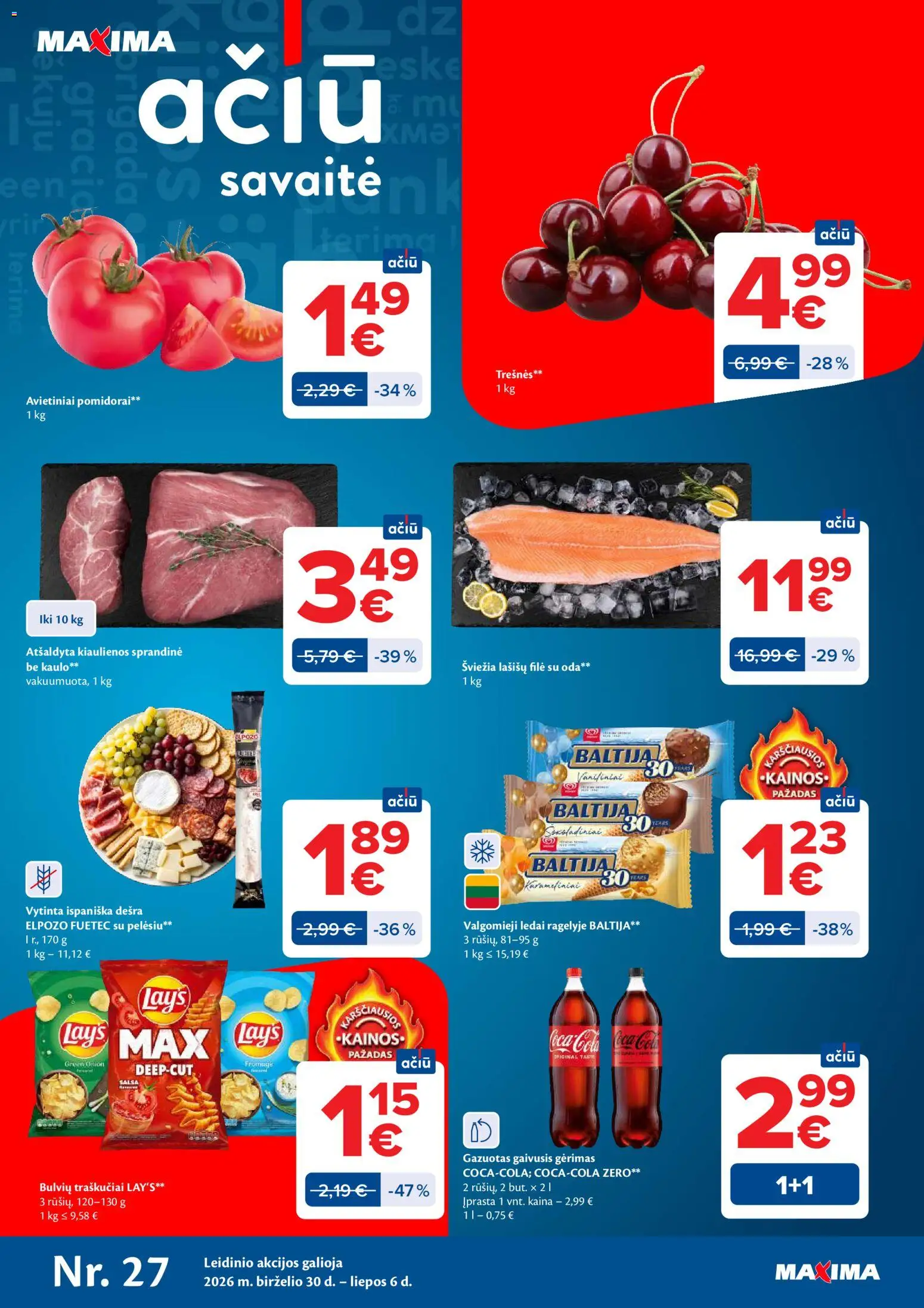 MAXIMA akcijos nuo 2026.06.30 | Puslapis: 1 | Prekių: Valgomieji ledai, Dešra, Pomidorai, Traškučiai
