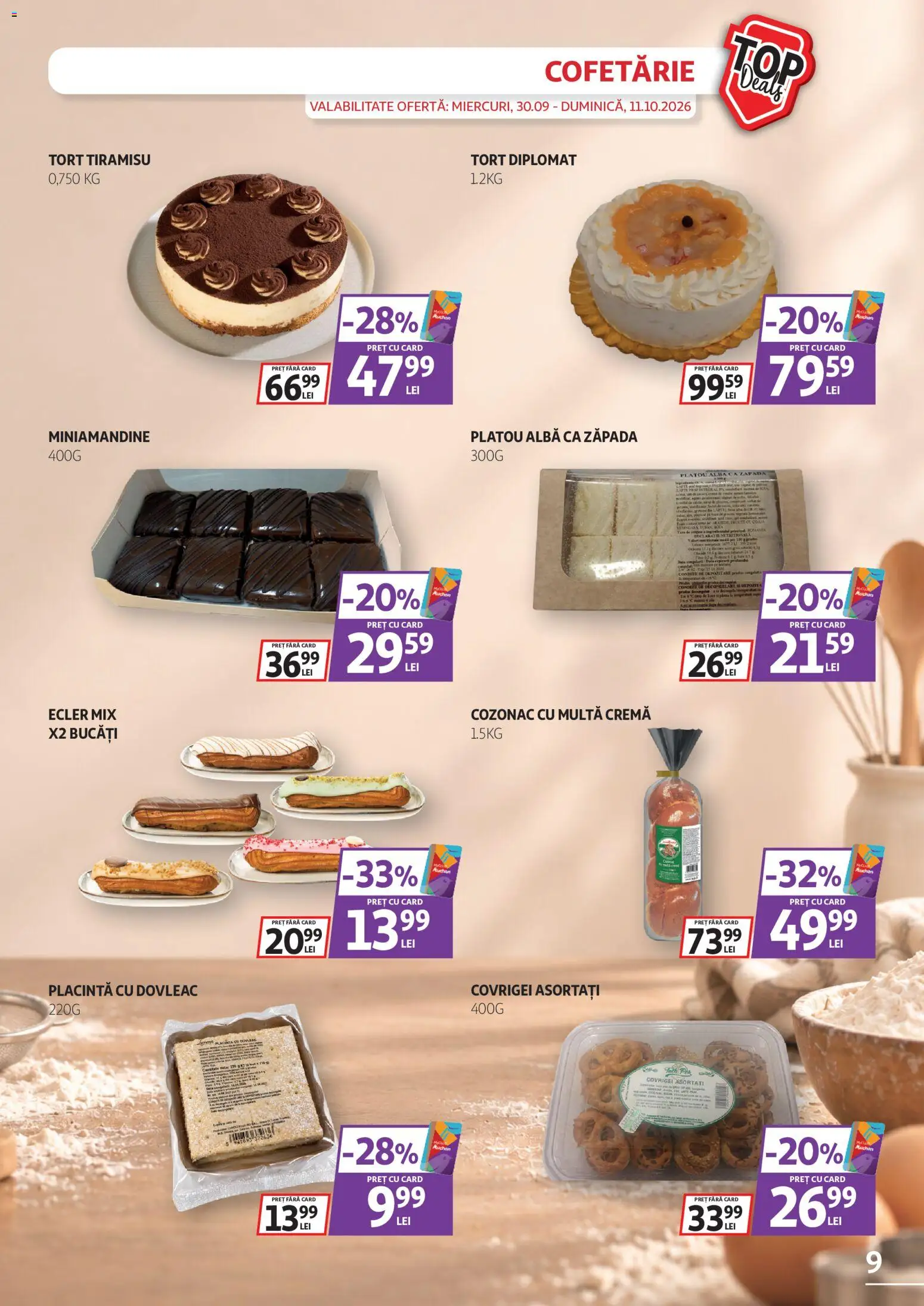 Noul catalog Auchan – valabil de la 30.09.2026 | Pagină: 9 | Produse: Tort, Cremă, Tiramisu, Cofetărie
