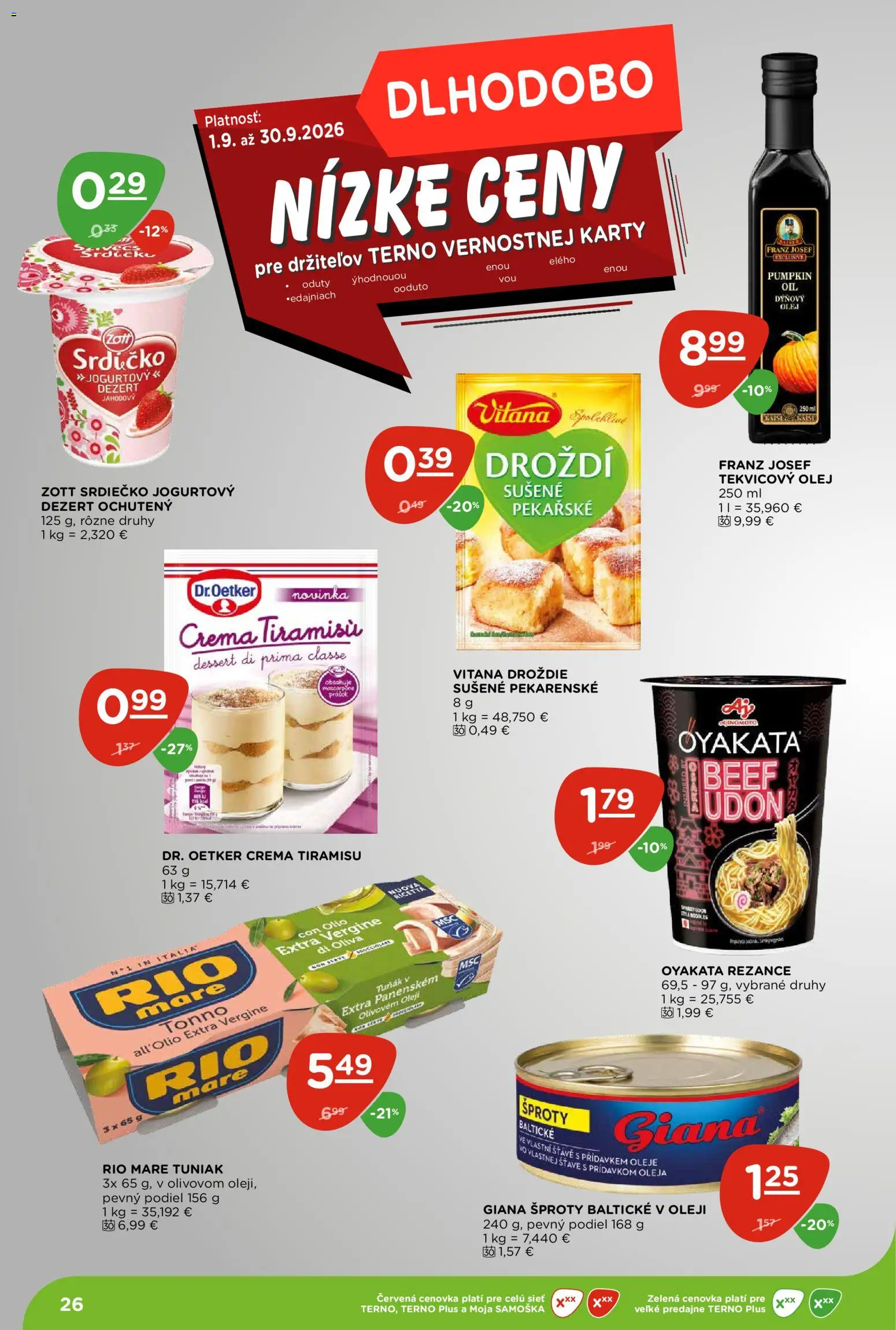 Nové Terno akcie – leták je platný od 03.09.2026 | Strana: 26 | Produkty: Olej, Rio Mare, Tiramisu, Droždie