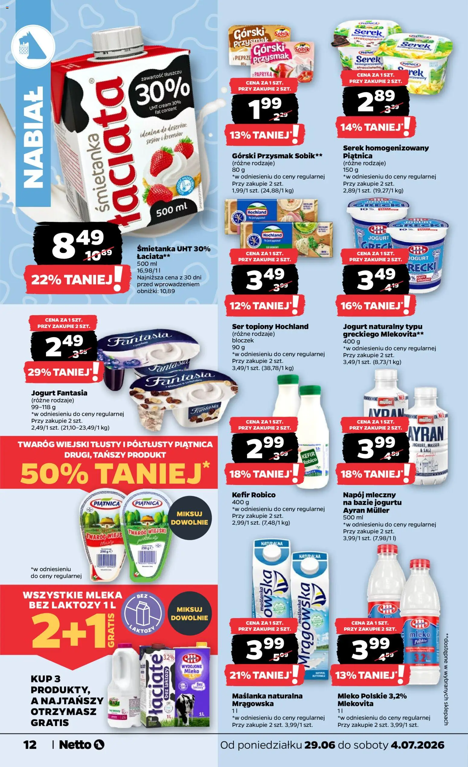 Netto gazetka od poniedziałku spożywcza od 29.06.2026 | Strona: 12 | Produkty: Kefir, Serek, Jogurt naturalny, Mleka