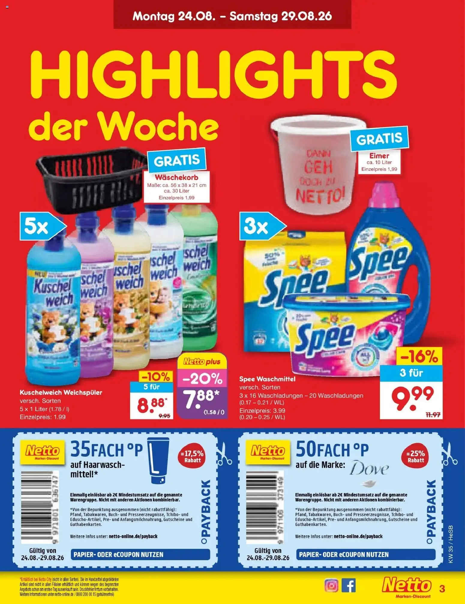 Netto Marken-Discount Prospekt Rostock – gültig ab 24.08.2026 | Seite: 3 | Produkte: Kuschelweich, Spee, Weichspüler, Waschmittel