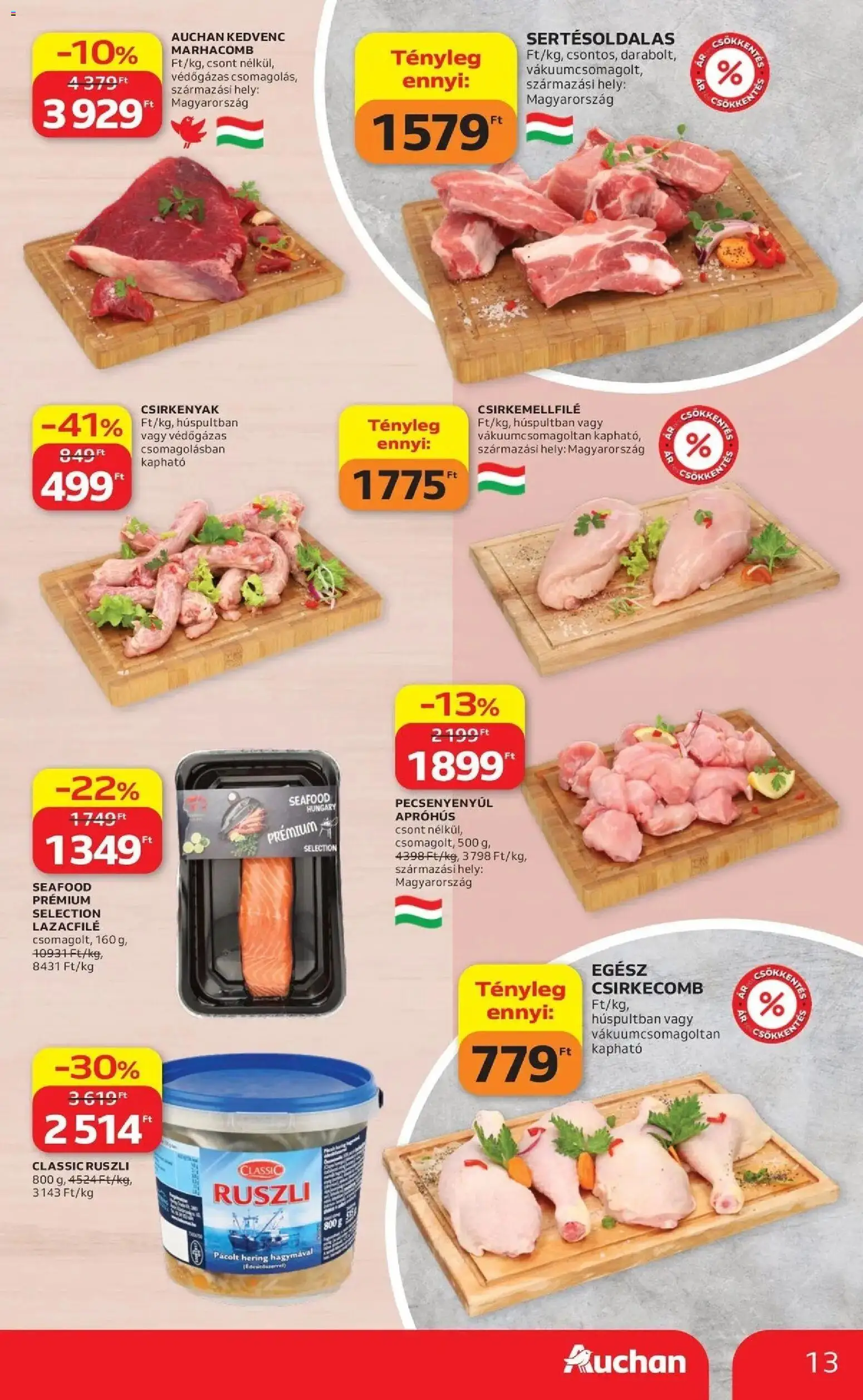Auchan akciós ujság - amely érvényes a következő dátumtól: 09.04.2026 | Oldal: 13 | Termékek: Lazacfilé, Hering, Csirkecomb, Marhacomb