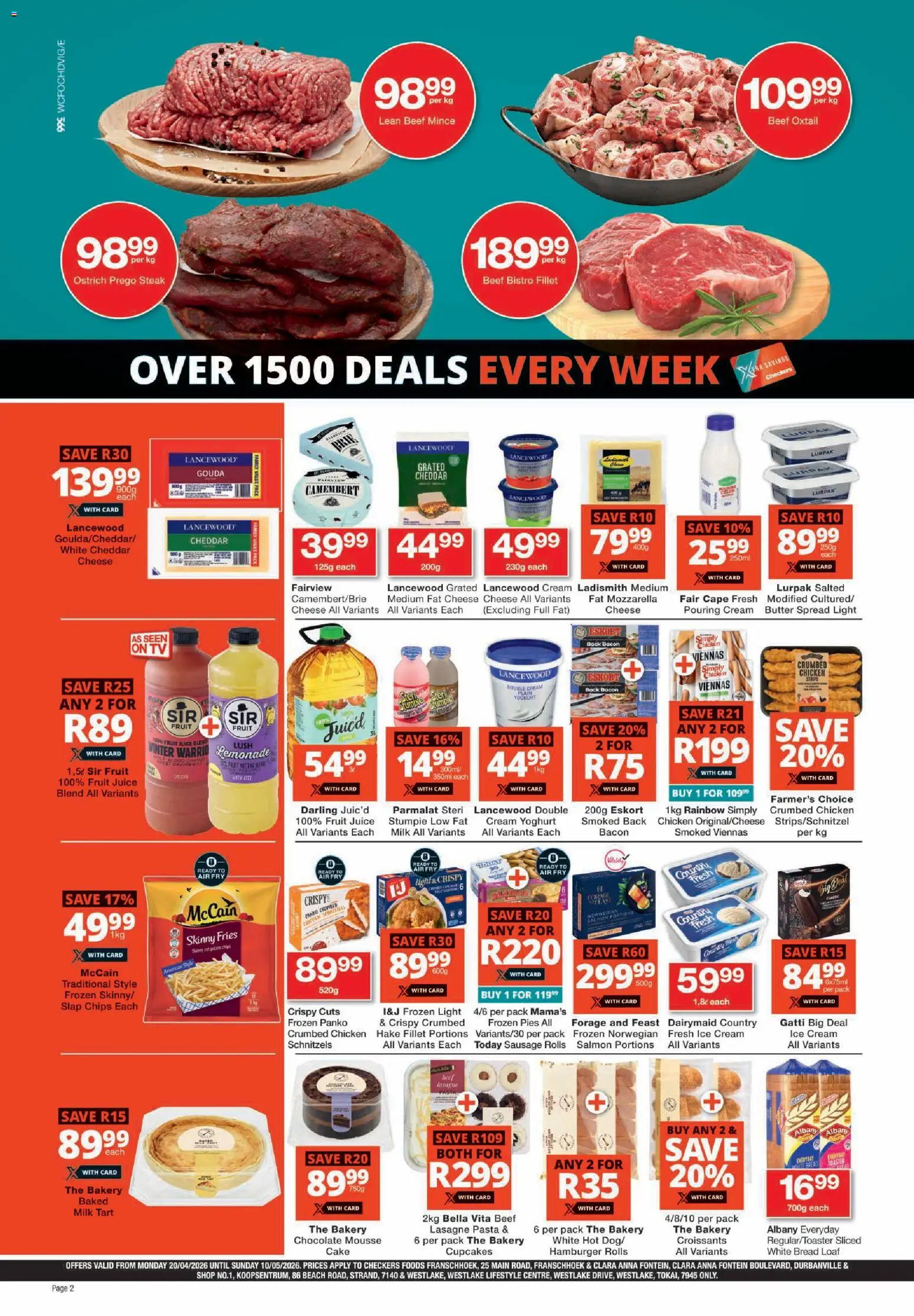New Checkers catalogue – valid from 20.04.2026 | Page: 2 | Products: Steak, Milk, Juice, Chips