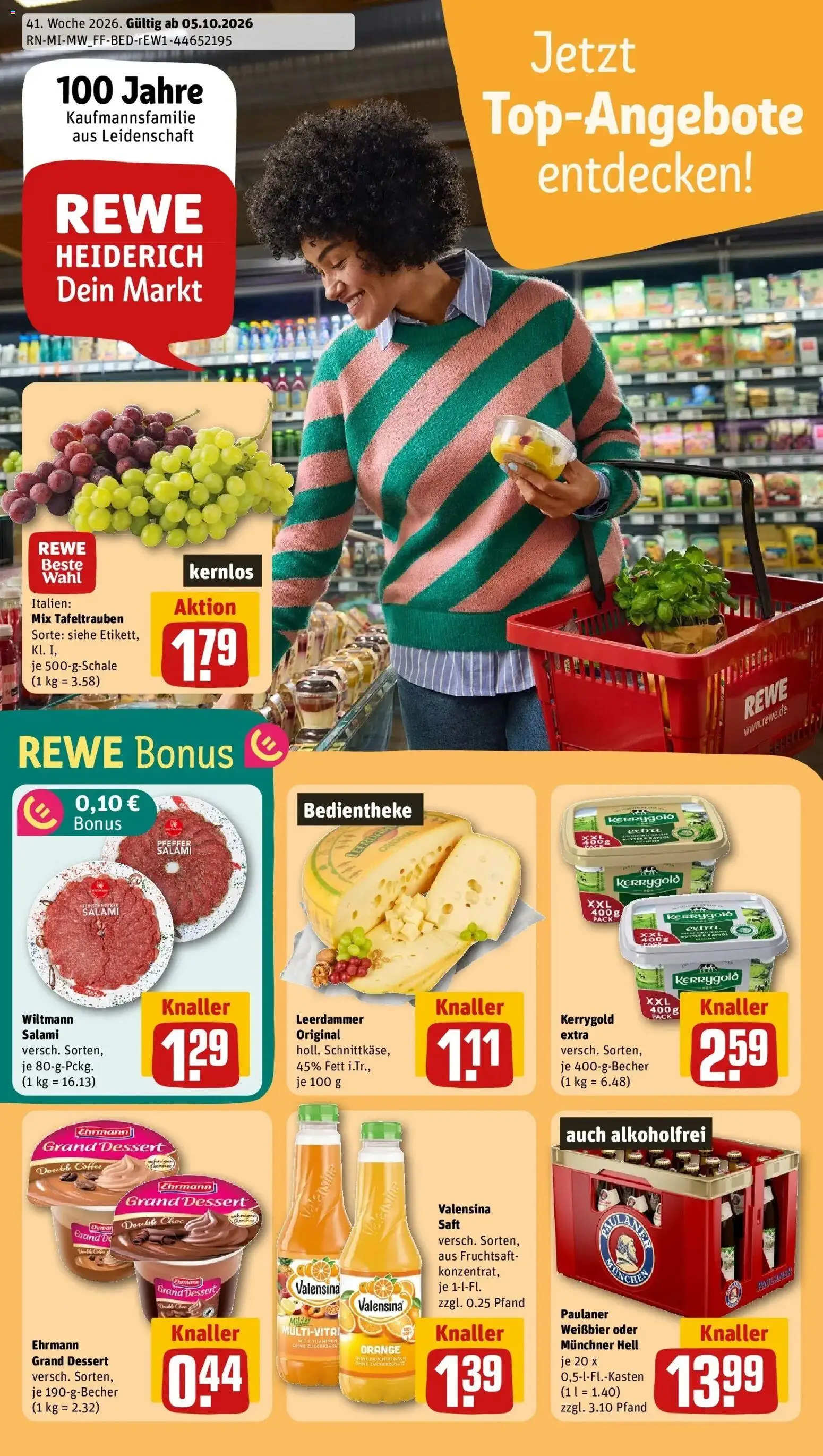 REWE Prospekt ab 05.10.2026 zum Blättern » Angebote | Seite: 1 | Produkte: Butter, Leerdammer, Salami, Saft