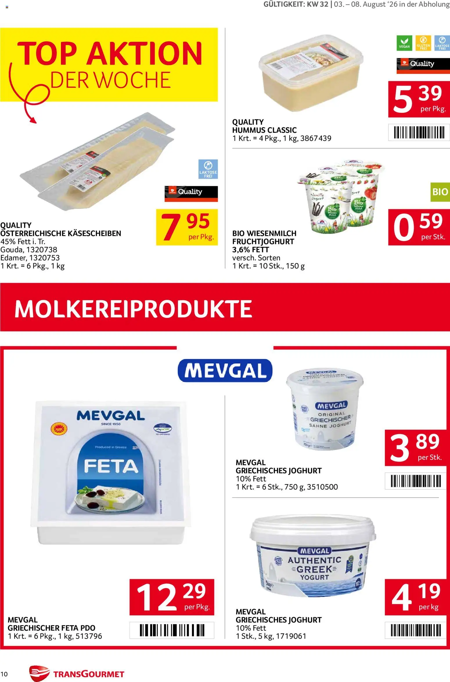 Transgourmet Flugblatt gültig ab 03.08.2026 | Seite: 10 | Produkte: Sahne, Vanille, Joghurt