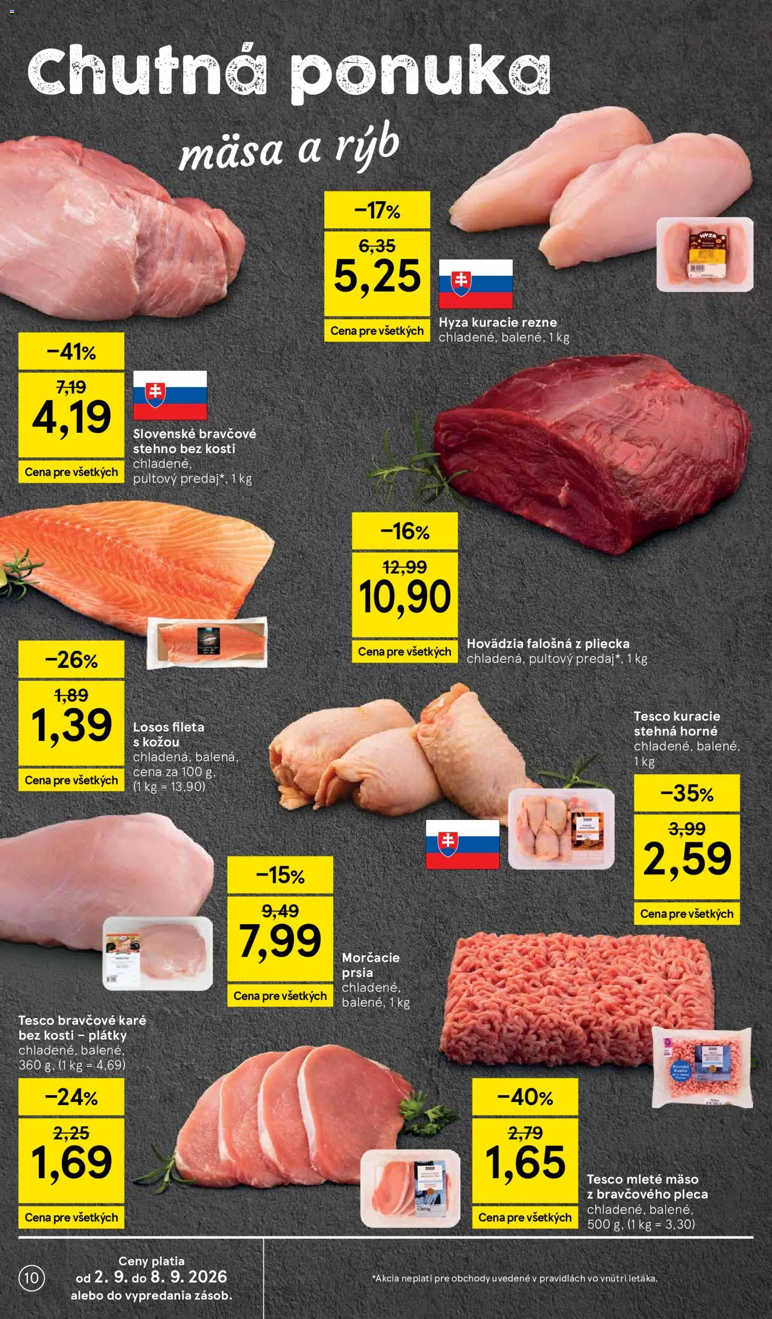 Nové Tesco akcie – leták je platný od 02.09.2026 | Strana: 10 | Produkty: Bravčové stehno, Mäso, Morčacie prsia, Rezne