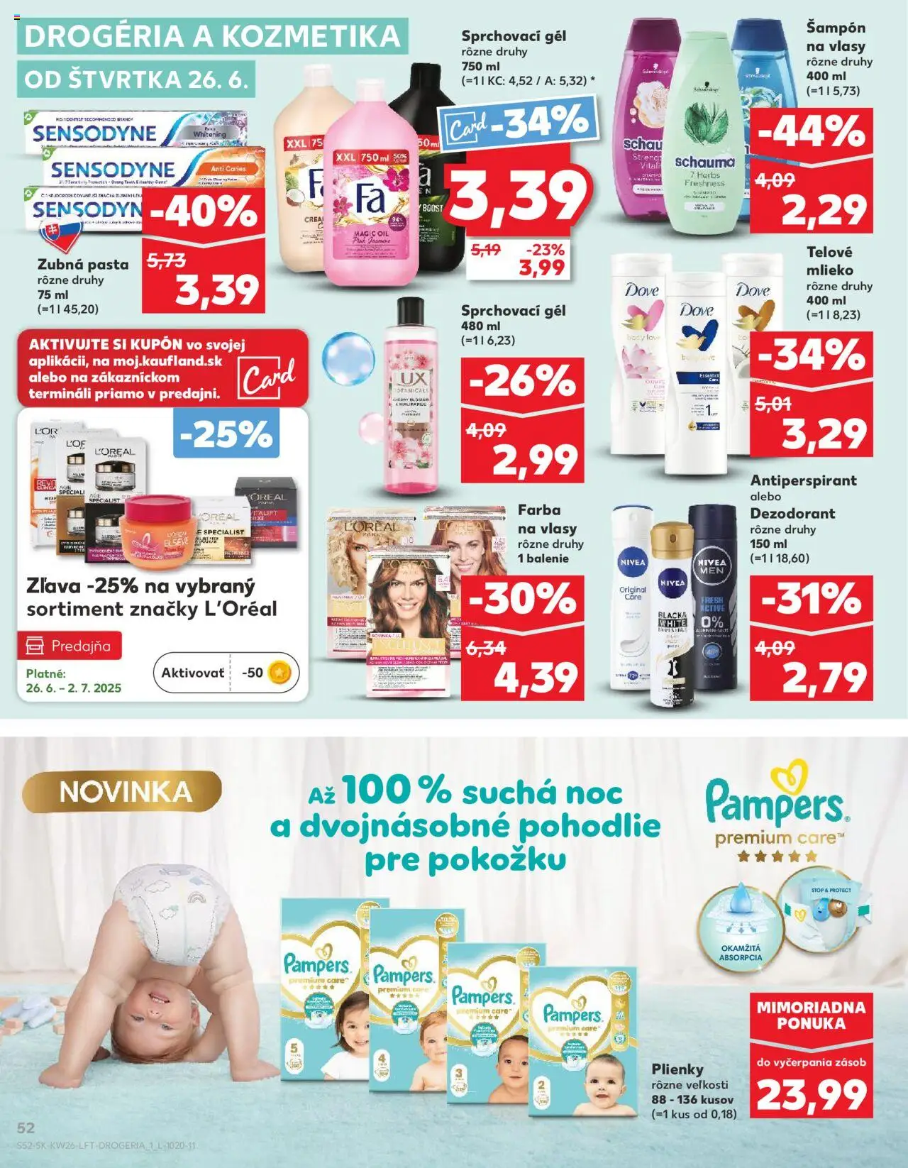 Nové Kaufland akcie – leták je platný od 26.06.2025 | Strana: 52 | Produkty: Pampers Premium Care, Farba na vlasy, Telové mlieko, Pampers