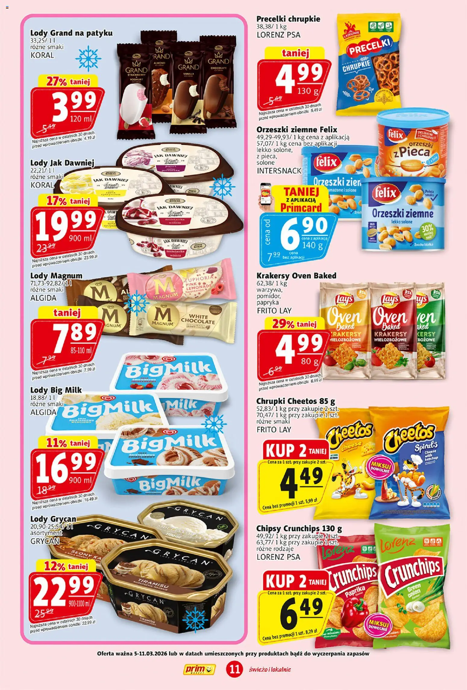Prim Market gazetka od 05.03.2026 | Strona: 11 | Produkty: Chipsy, Big Milk, Lody Magnum, Lody