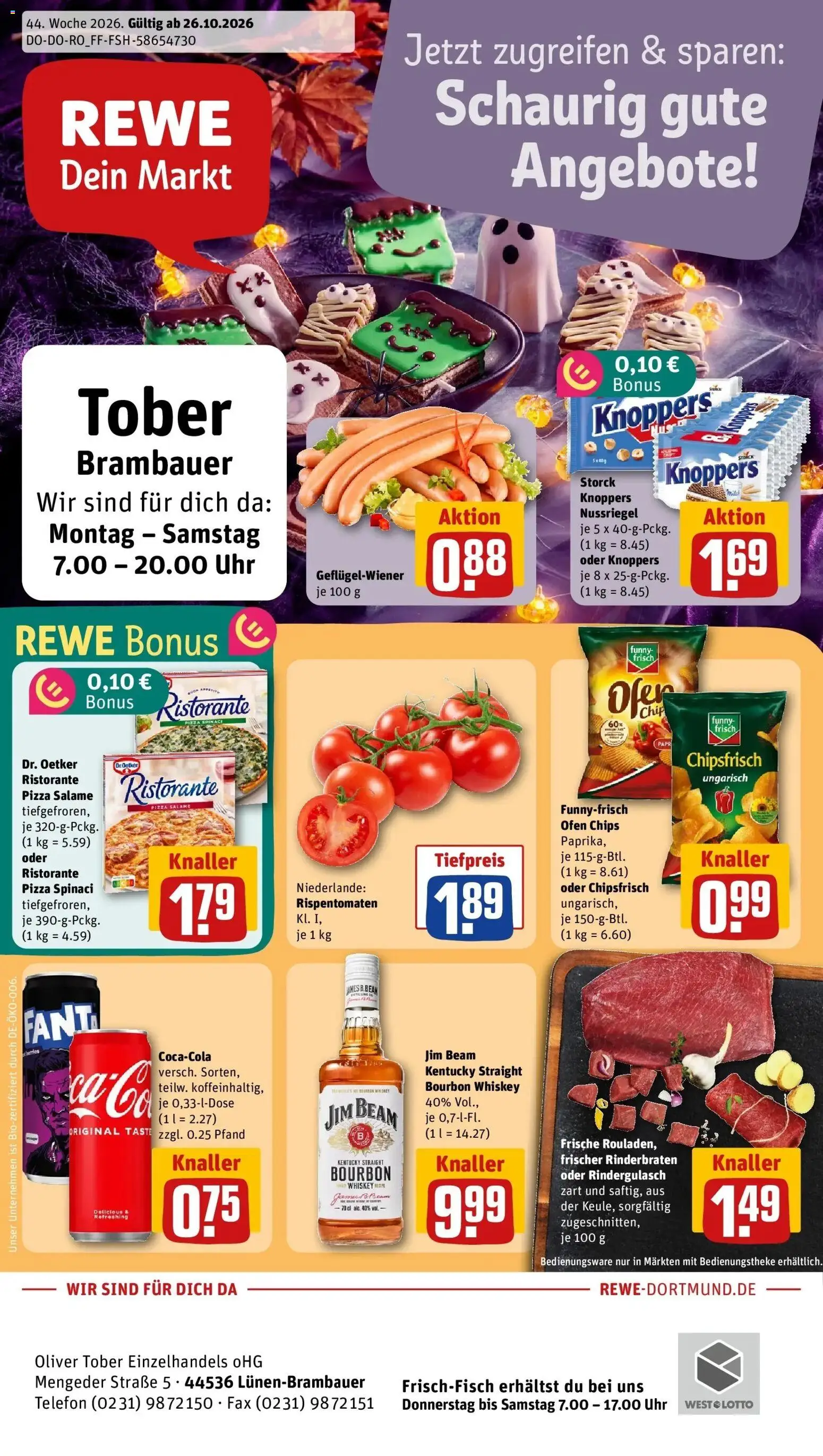 REWE Prospekt ab 26.10.2026 zum Blättern » Angebote | Seite: 1 | Produkte: Rinderbraten, Whiskey, Telefon, Uhr