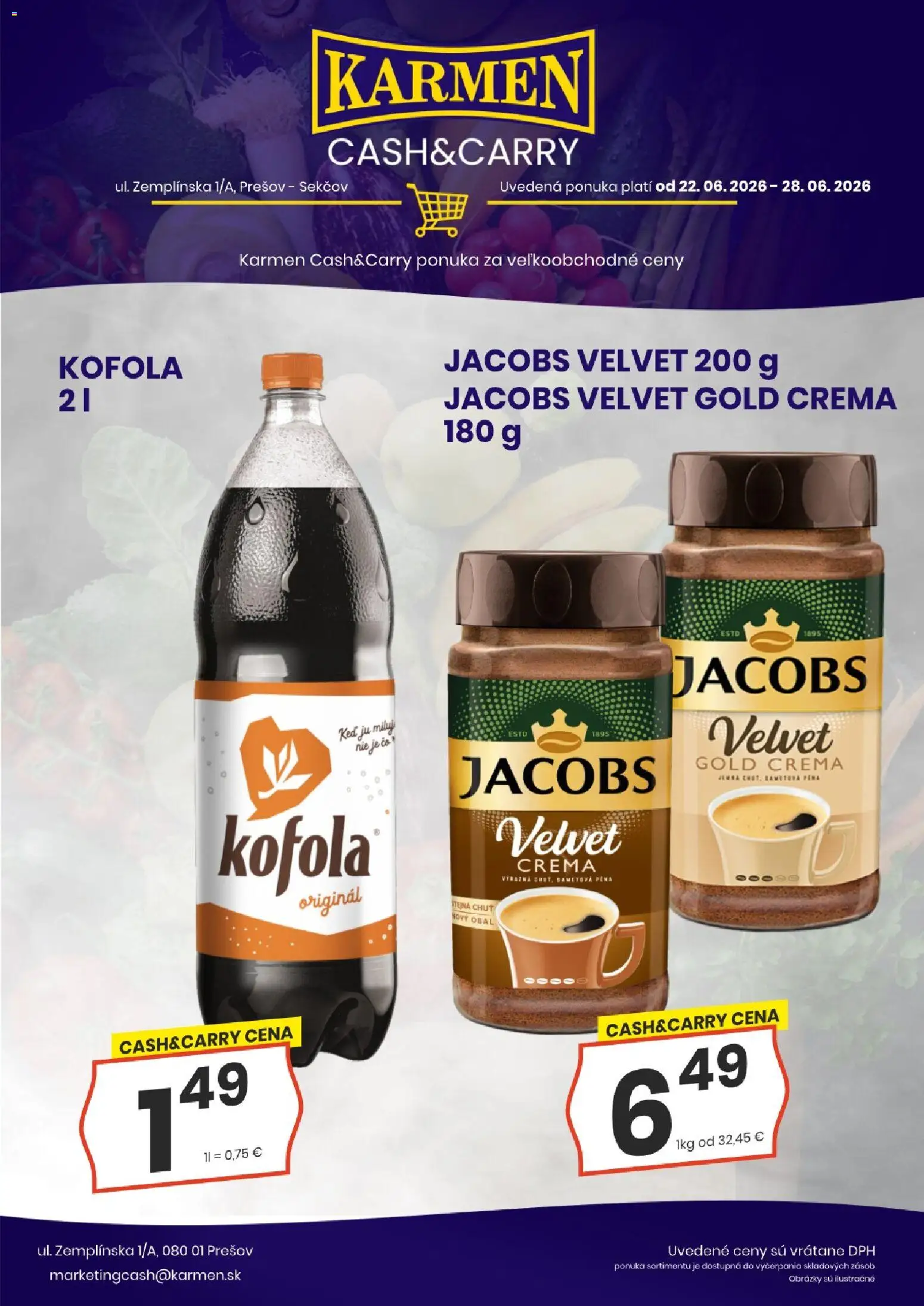 Nové KARMEN CBA akcie – leták je platný od 22.06.2026 | Strana: 2 | Produkty: Jacobs Velvet, Kofola