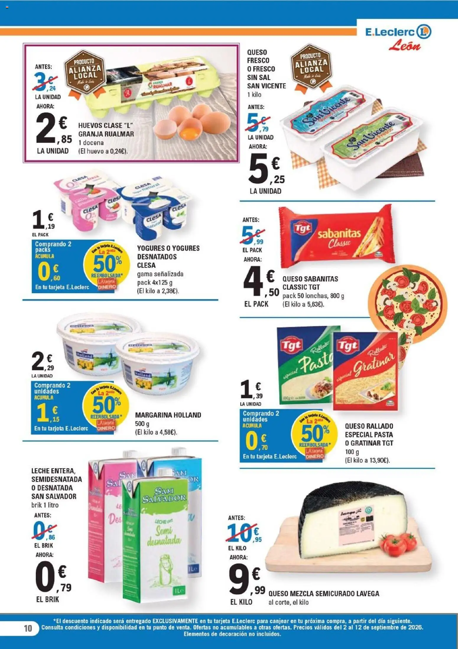 E.Leclerc folleto León │ válido desde el 02/09/2026 | Página: 10 | Productos: Leche entera, Huevos, Sal, Decoración