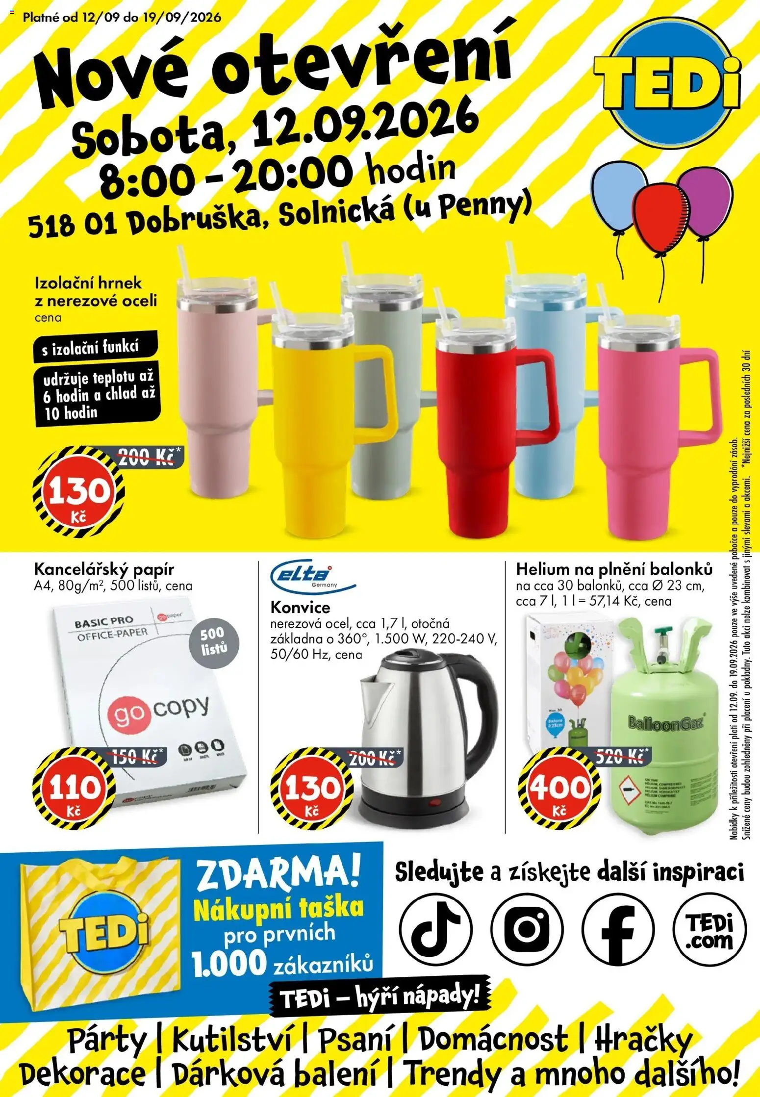 TEDi leták - Dobruška od 12.09.2026 - akční nabídka | Strana: 1 | Produkty: Hrnek, Kancelářský papír, Hračky, Konvice
