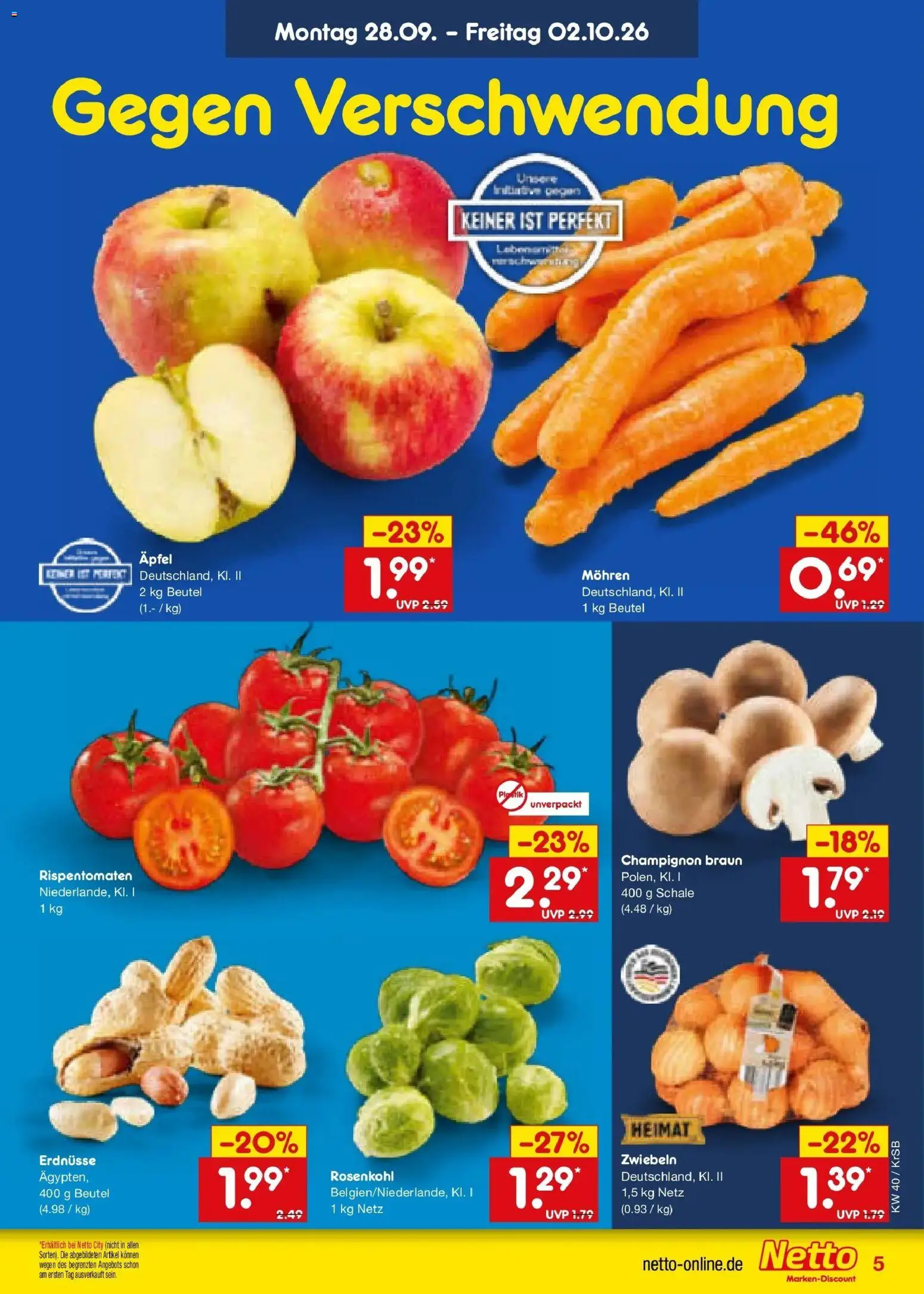 Netto Marken-Discount Prospekt Jüchen – gültig ab 28.09.2026 | Seite: 5 | Produkte: Erdnüsse, Äpfel, Mohren, Zwiebeln