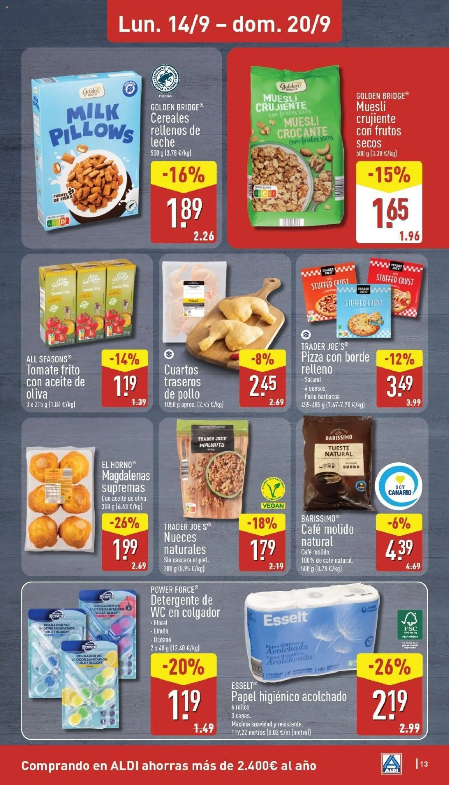 Aldi folleto Canarias │ válido desde el 14/09/2026 | Página: 13 | Productos: Pizza, Aceite de oliva, Barbacoa, Cacao