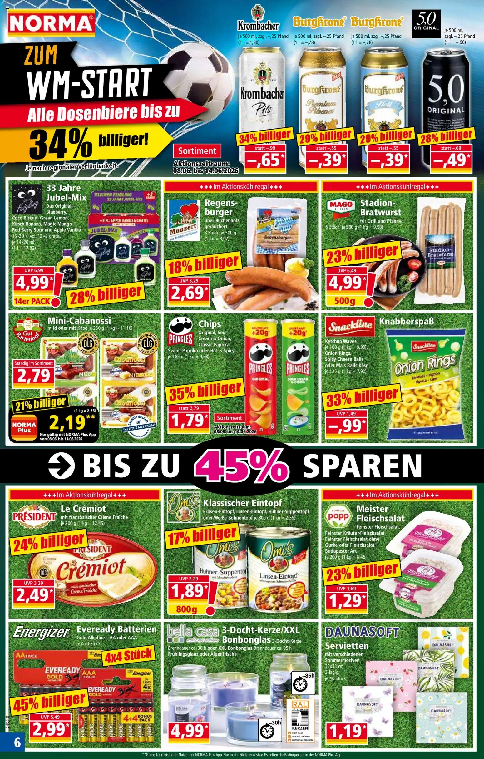Norma Prospekt – gültig ab 08.06.2026 | Seite: 6 | Produkte: Kleiner feigling, Pils, Bratwurst, Chips