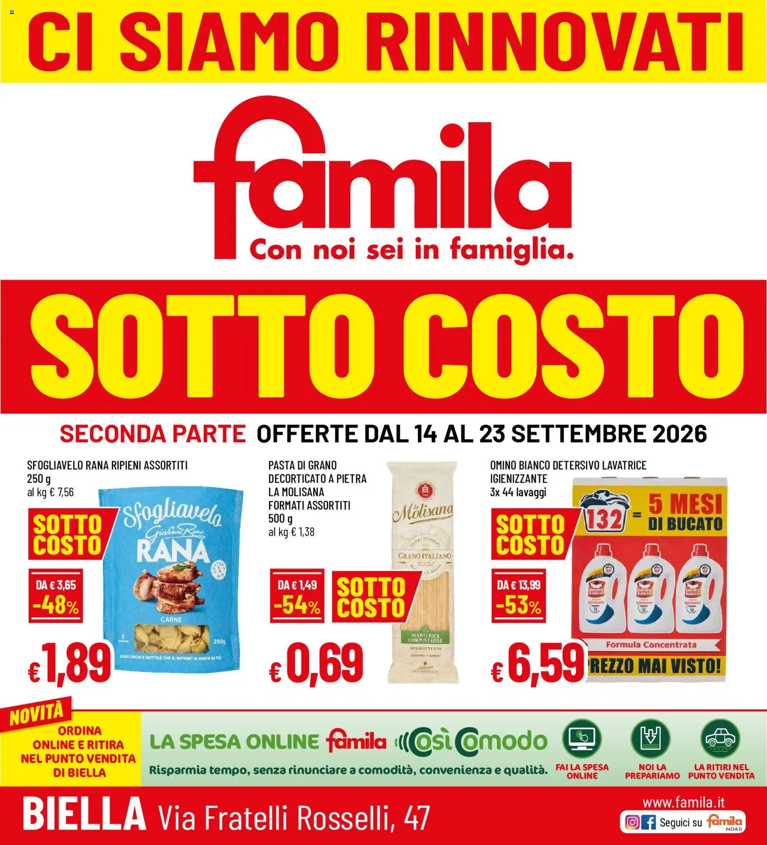 Volantino Famila del 14/09/2026 | Pagina: 1 | Prodotti: La Molisana, Pasta, Lavatrice, Carne